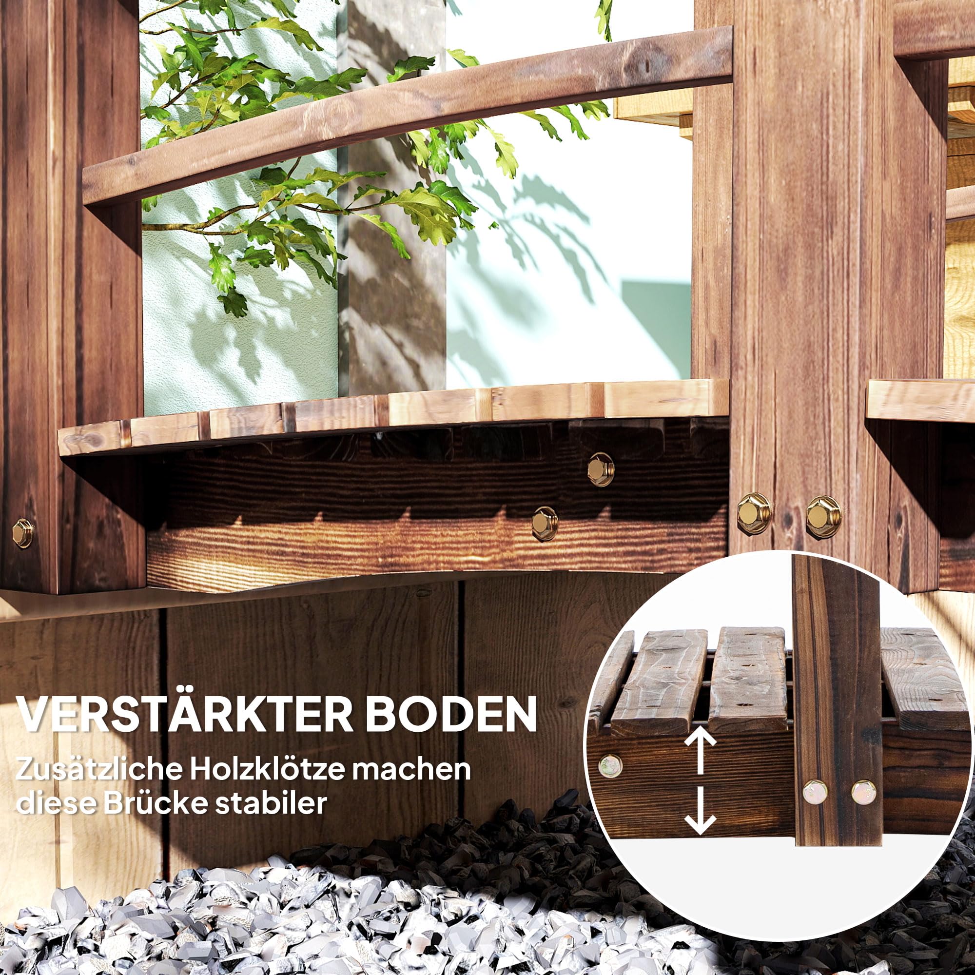 Outsunny Gartenbrücke Holzbrücke Holzsteg Teichbrücke Zierbrücke mit Geländer bis 180 kg Tannenholz Dunkelbraun 152,5 x 67 x 48 cm