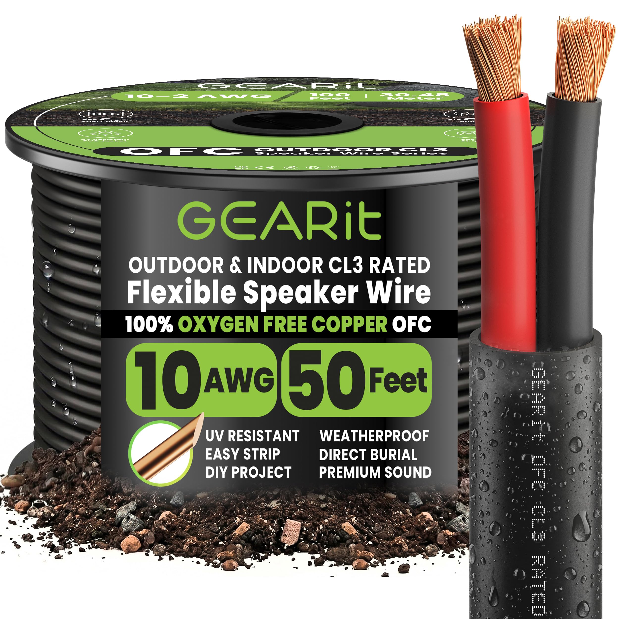 GearIT Cable de altavoz 10/2 (50 pies) calibre 10 AWG, entierro directo al aire libre en tierra/en pared/clasificación CL3 CL2/2 conductores/cobre libre de oxígeno OFC, negro, 50 pies