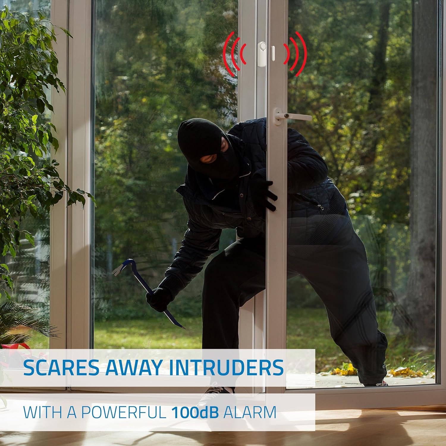 Illustration of an intruder being deterred by the Nivian Smart WiFi Door Alarm's 100dB siren.