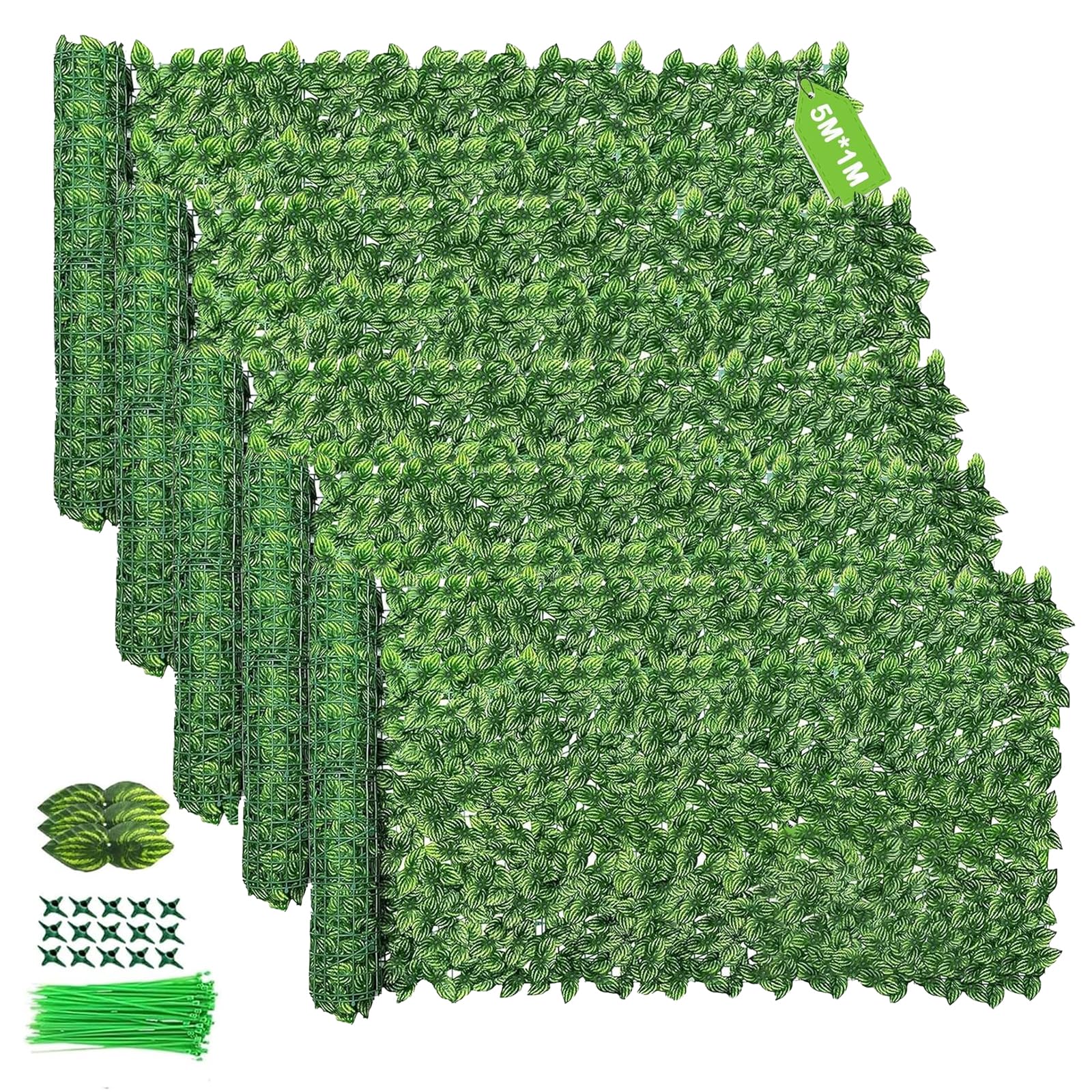 5PCS Artificial Ivy Fence Screening, 5M X 1M Garden Screening with 500pcs Zip Ties,Garden Screening Roll,Ivy Trellis Screening,Artificial Leaf Trellis,Foliage Wall Panel,UV Resistant