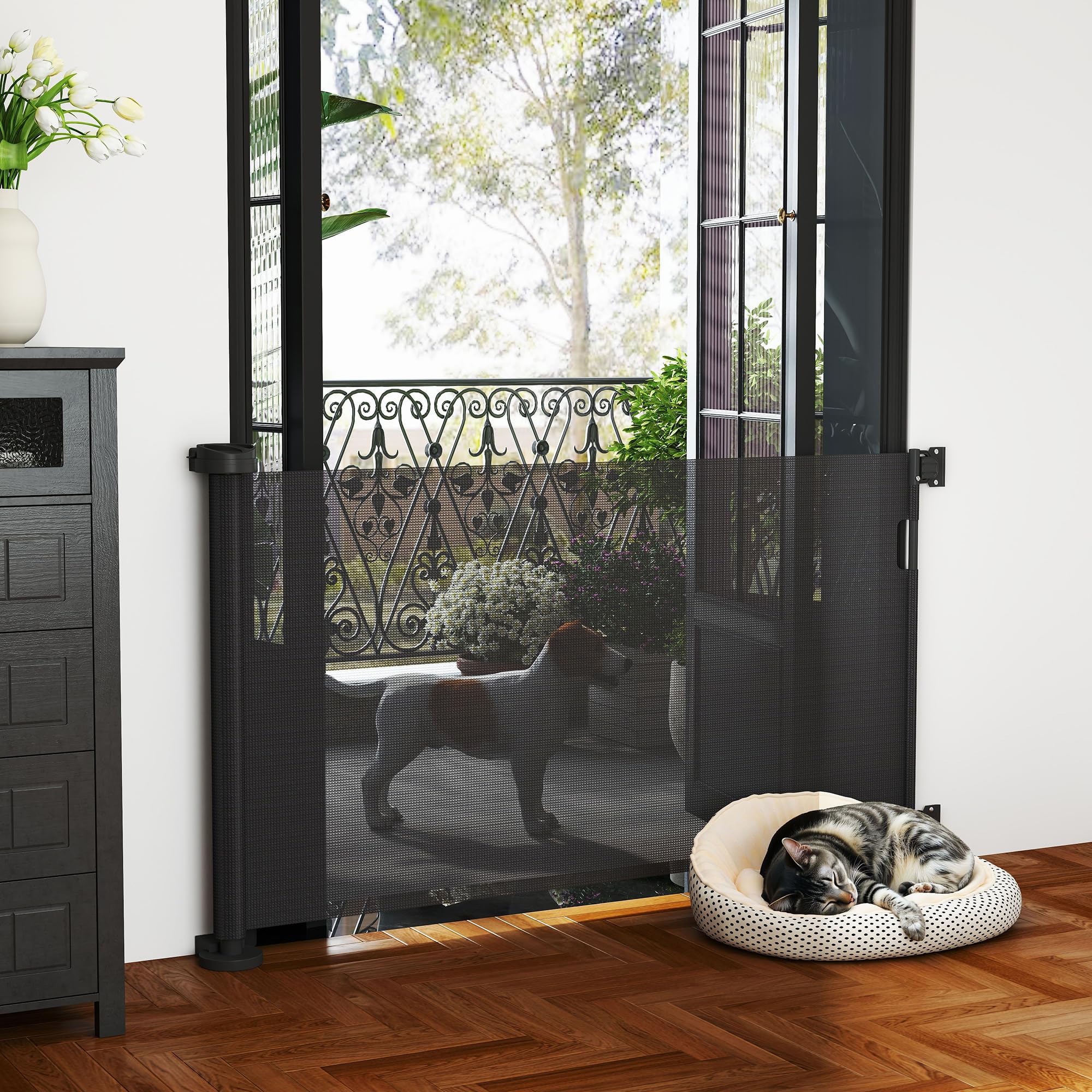 PawHut Barrera de Seguridad para Perros Retráctil 0-136 cm Puerta para Perros Pequeños Extensible con Interruptor de Cierre Red de Seguridad para Pasillos Escaleras Interiores y Exteriores Negro