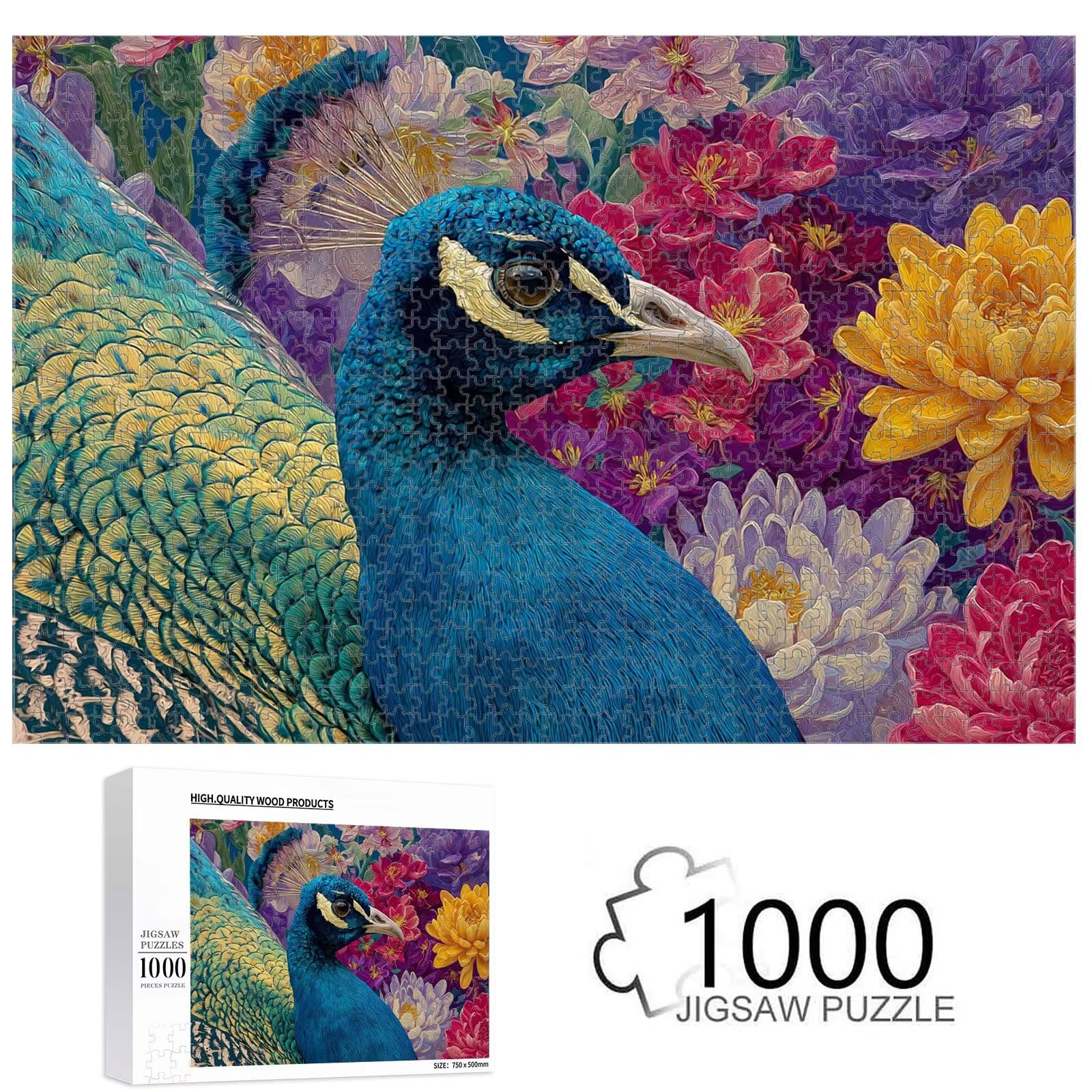 1000 Teile Puzzle für Erwachsene, Pfau & Blume, Robustes Holz Puzzle 1T#62