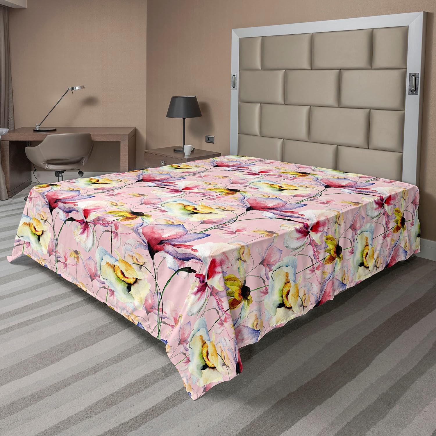 Ambesonne Spring Flat Sheet, Bold Peachy Petals with Blurry Shadows on Nature Inspired Backdrop, Soft Comfortable Top Sheet Decorative Bedding 1 Piece, Queen Size, Pale Rose and Fern Green