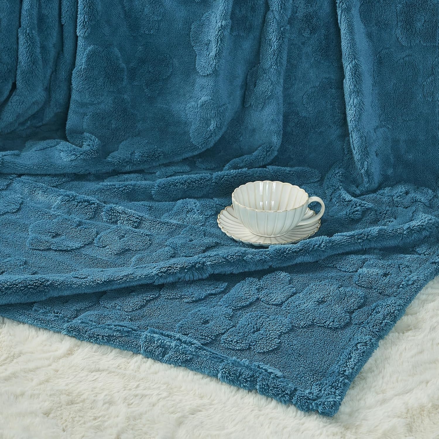FY FIBER HOUSE Flower Throw Blanket Ultra Soft Blanket Fuzzy Blanket for Bed Couch Sofa, 50"x60", Storm Blue - Image 4