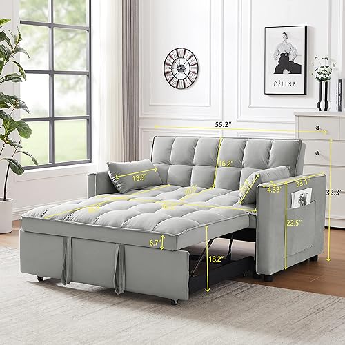 Miniatura 4 de Sofá cama convertible de 55 pulgadas de terciopelo 3 en 1 con cama extraíble, respaldo reclinable, almohadas y bolsillos, sofás futón, 55.2 pulgadas