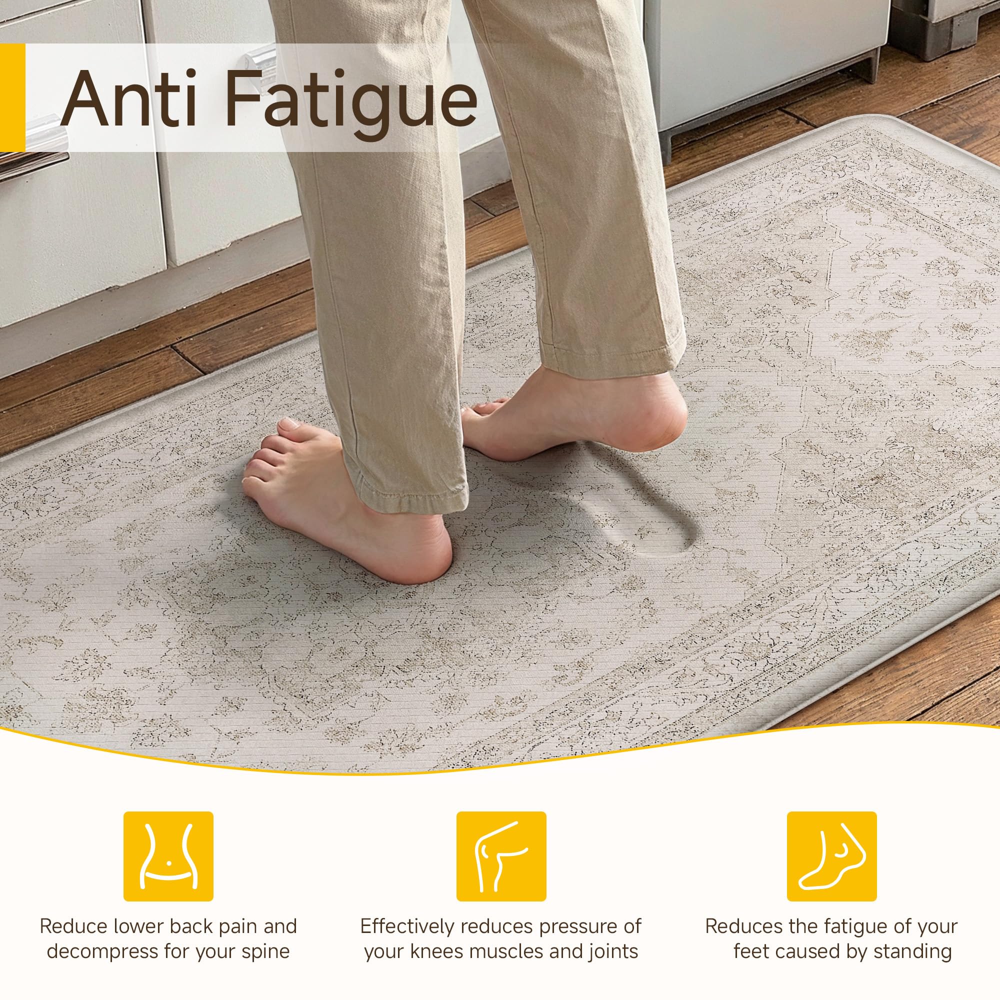 Close-up of the PureCozy distressed beige vintage oriental medallion kitchen mat, highlighting its cushioning and texture.