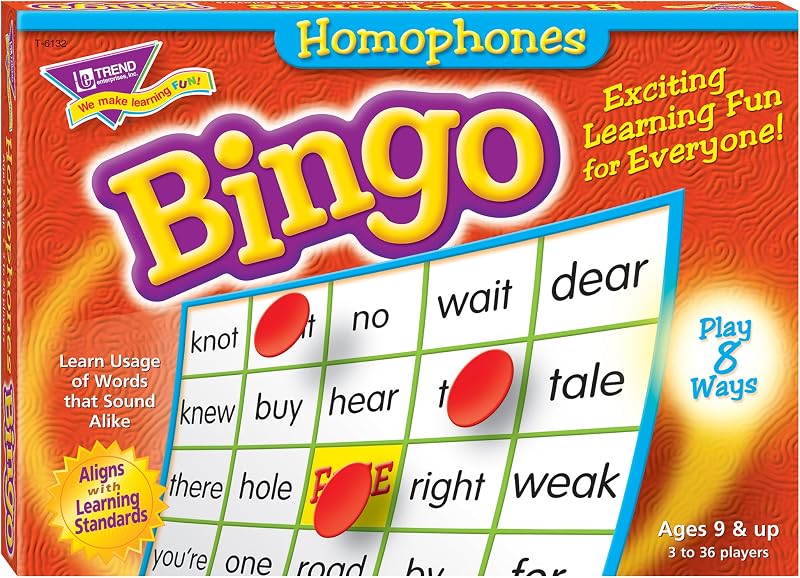 Homophones Bingo Game, Exciting Way for Everyone to Learn, Play 8 Different Ways, Great for Classrooms and at Home, 2 to 36 Players, for Ages 8 and Up