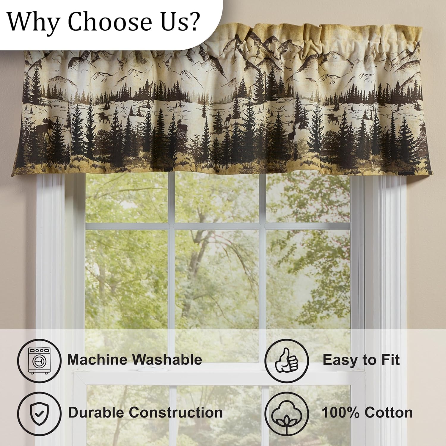 Park Designs Valley View Valance 60" x 14", Rustic Tan, White, and Black Window Valance, Decorative Aged Forest Printed Window Valances for Country and Cabin Lodge Style Home Decor