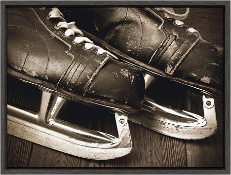 DesignOvation Sylvie Vintage Brown Leather Hockey Skates Framed Canvas Wall Art by Shawn St. Peter, 18x24 Gray, Traditional Sports-Themed Home Decor