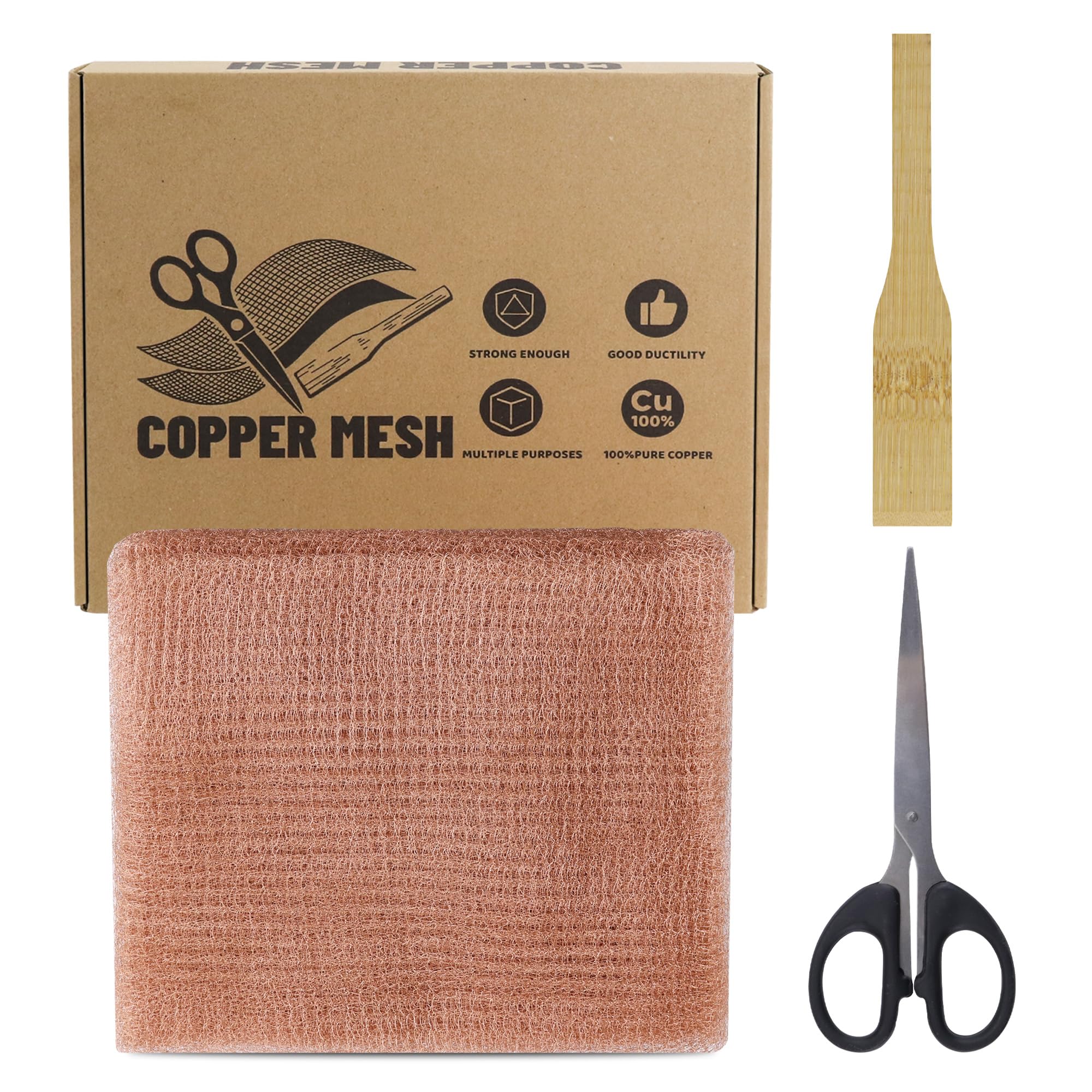 PCCALIGO 8 Inch × 49.2 ft Copper Mesh Rodent Control Kit, 100% Pure Copper Roll with Scissors & Trowel, Professional Pest Barrier for Large Garden & Home Hole Blocking, Slug Snail Rat Deterrent