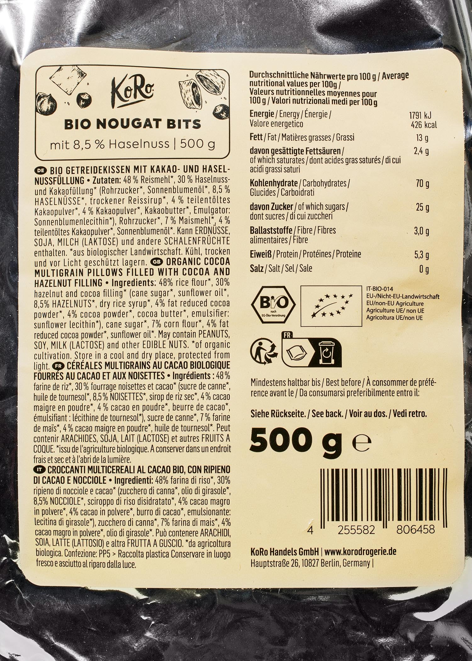 KoRo - Cereali croccanti con gianduia e nocciole bio 8 x 500 g - Vegan - Con ripieno di cacao e nocciole - Come colazione, topping o snack