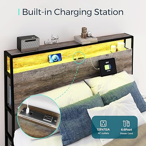 Miniatura 5 de LINSY LIVING Base de cama Queen con cabecero, marco de cama industrial de metal de montaje rápido con luces y carga, marco de cama de 14 pulgadas