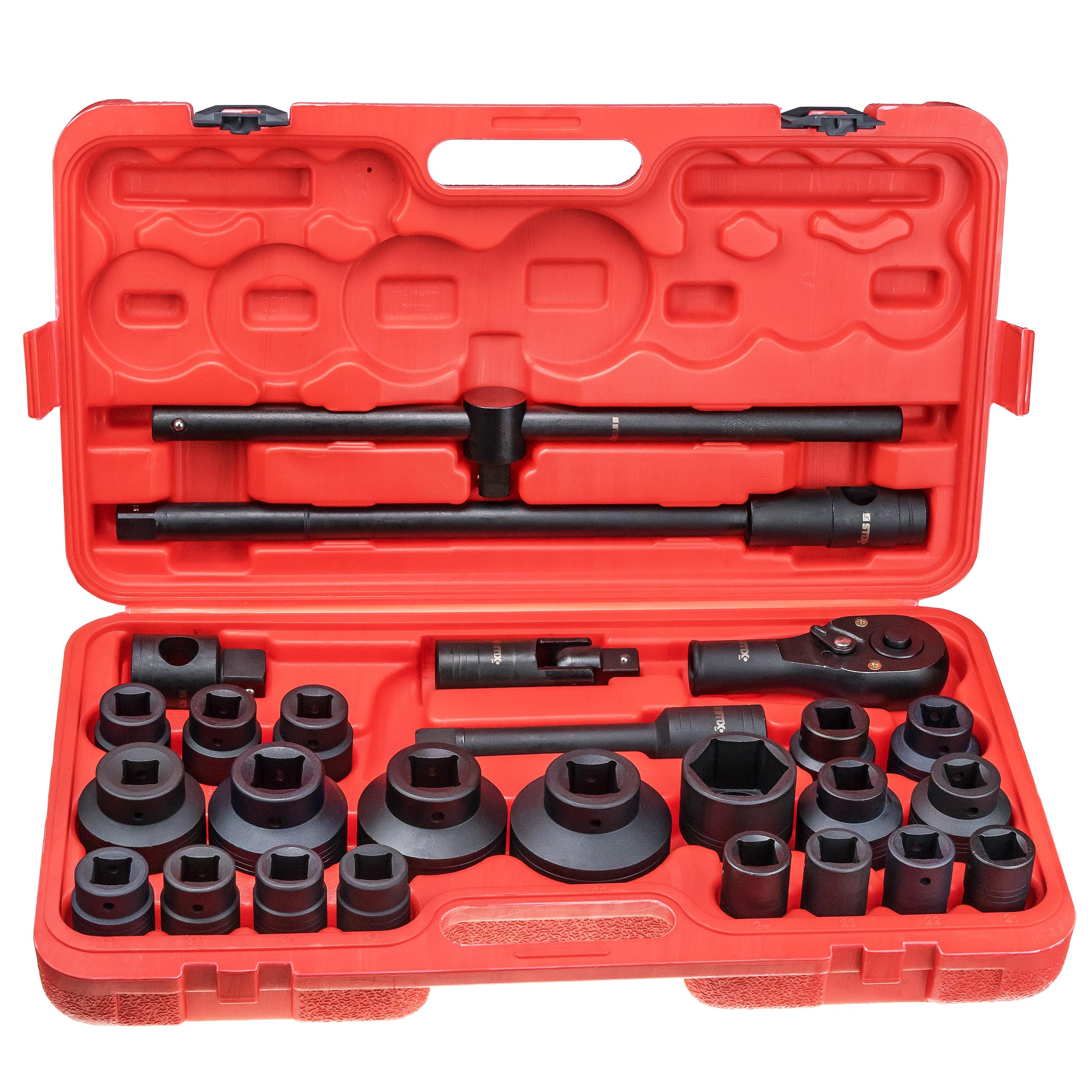 STIX Juego de 26 llaves de vaso de 3/4" y 1" CR-MO – Tuercas largas 21-65 mm para llave de impacto, incluye accesorios y maletín robusto para profesionales