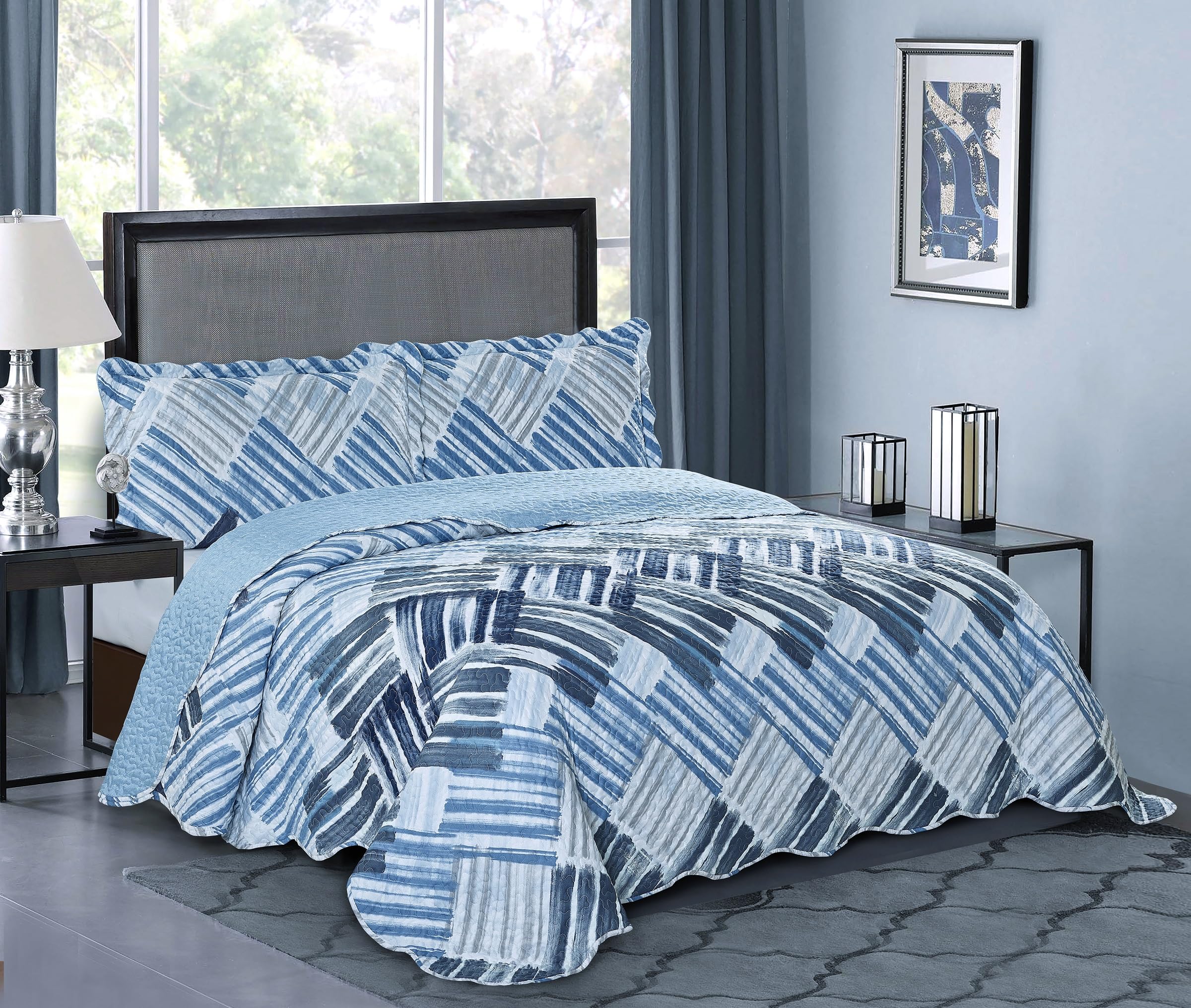 Brilliant Sunshine Blue and Grey Stripe Blocks Patchwork, 3-Piece Quilt Set with 2 Shams, Reversible Bedspread, Soft Lightweight Coverlet, All-Season, King, Blue Grey
