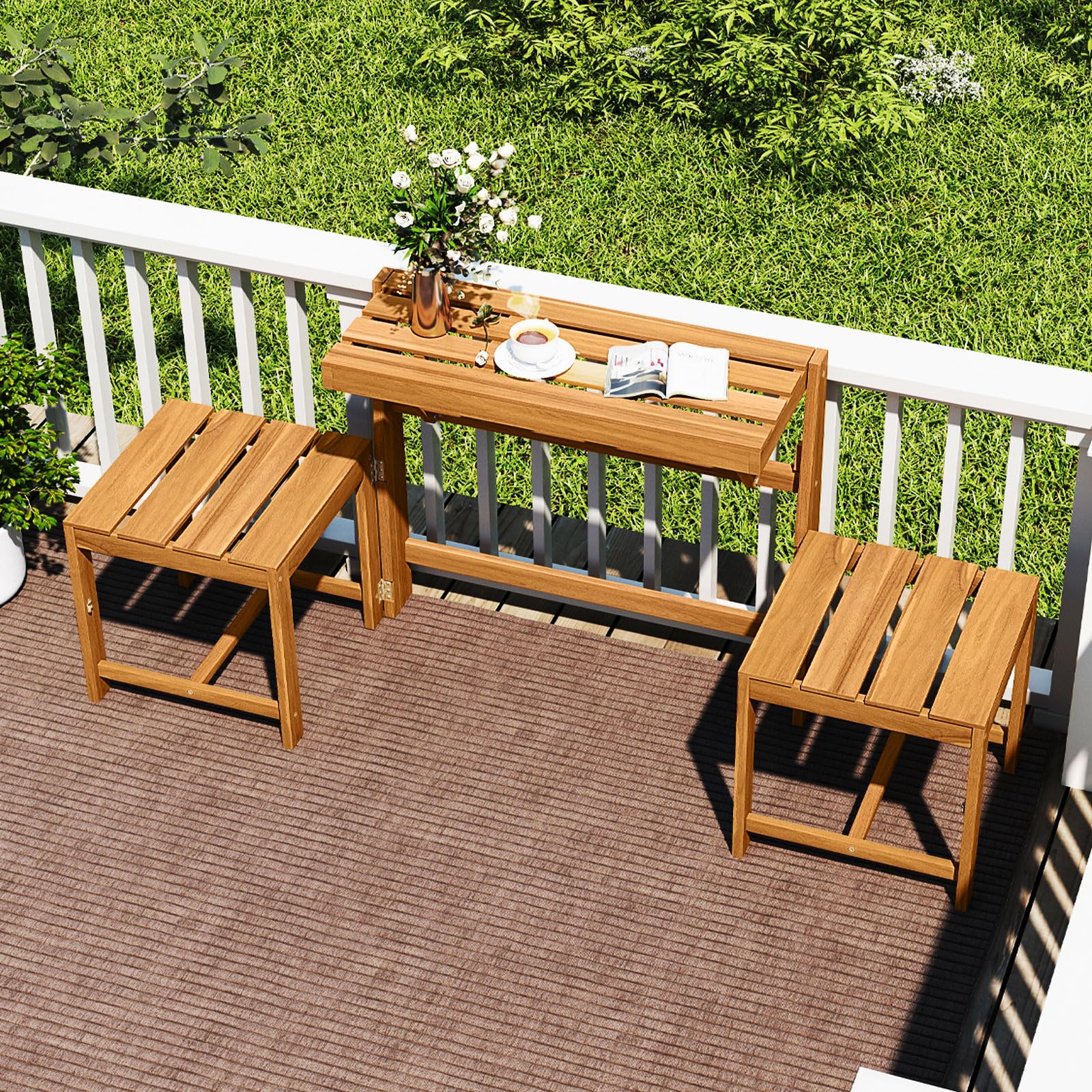 COSTWAY Salon de Jardin 3 en 1 Banc 2 Places Table Rectangulaire Chaises Extérieur Bois d'Acacia Dossiers Inclinés Siège à Lattes