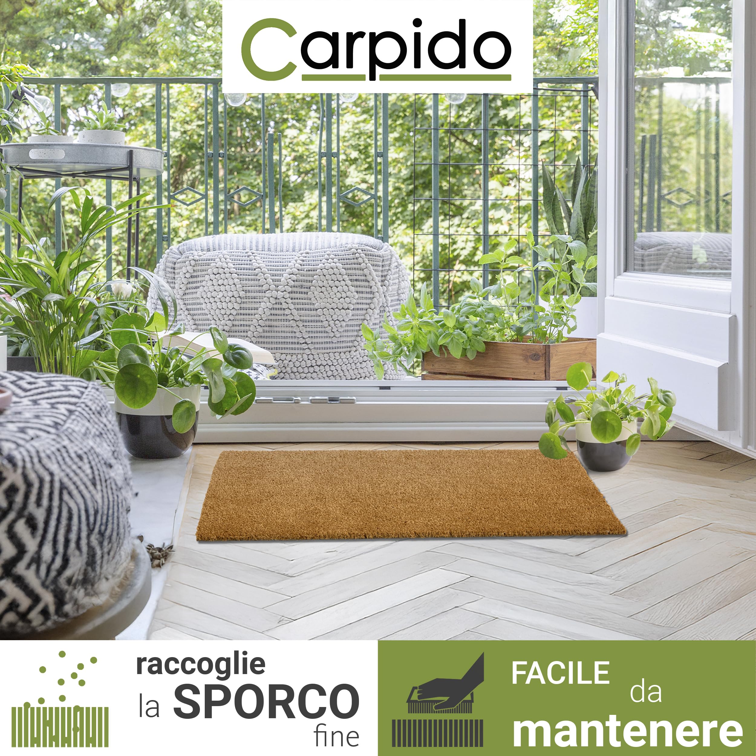 Carpido Zerbino in cocco antiscivolo - 40 x 60 cm naturale - Fibra naturale sostenibile per esterni coperti - 100% cocco - Tappetino per ingresso