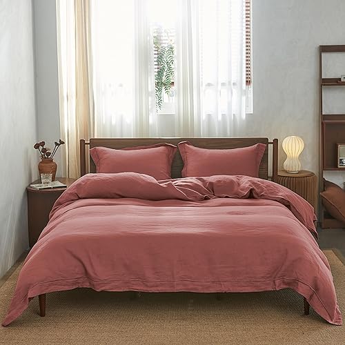 Simple&Opulence Juego de funda de edredón 100% lino con bordado lavado, 3 piezas (1 funda de edredón con 2 fundas decorativas) con cierre de botón,