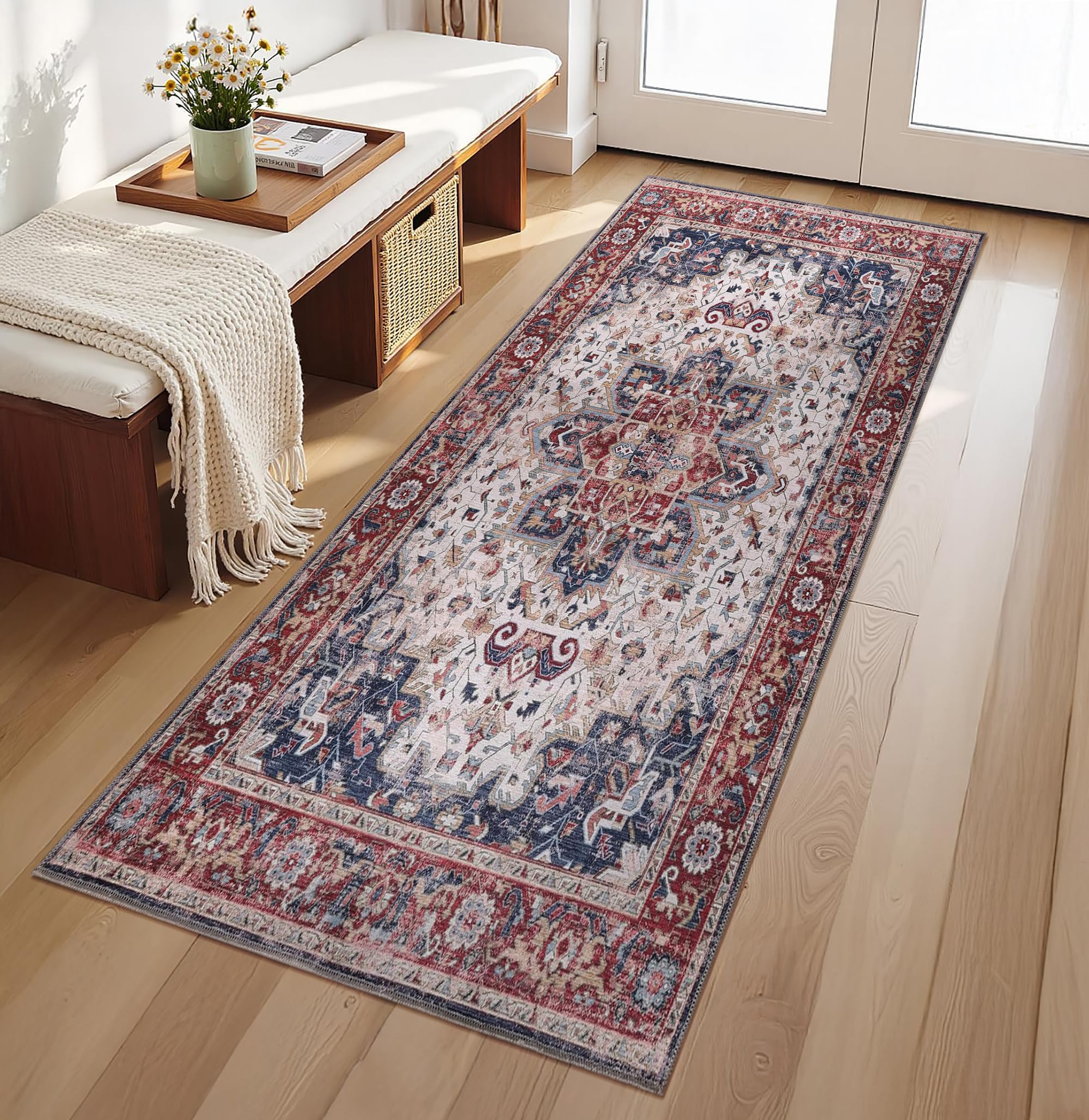 Tapis de salon lavable en machine - 80 x 150 cm - 4 mm d'épaisseur - Tapis chenille vintage avec envers en coton antidérapant - Tapis doux et lavable à poils courts pour chambre à coucher