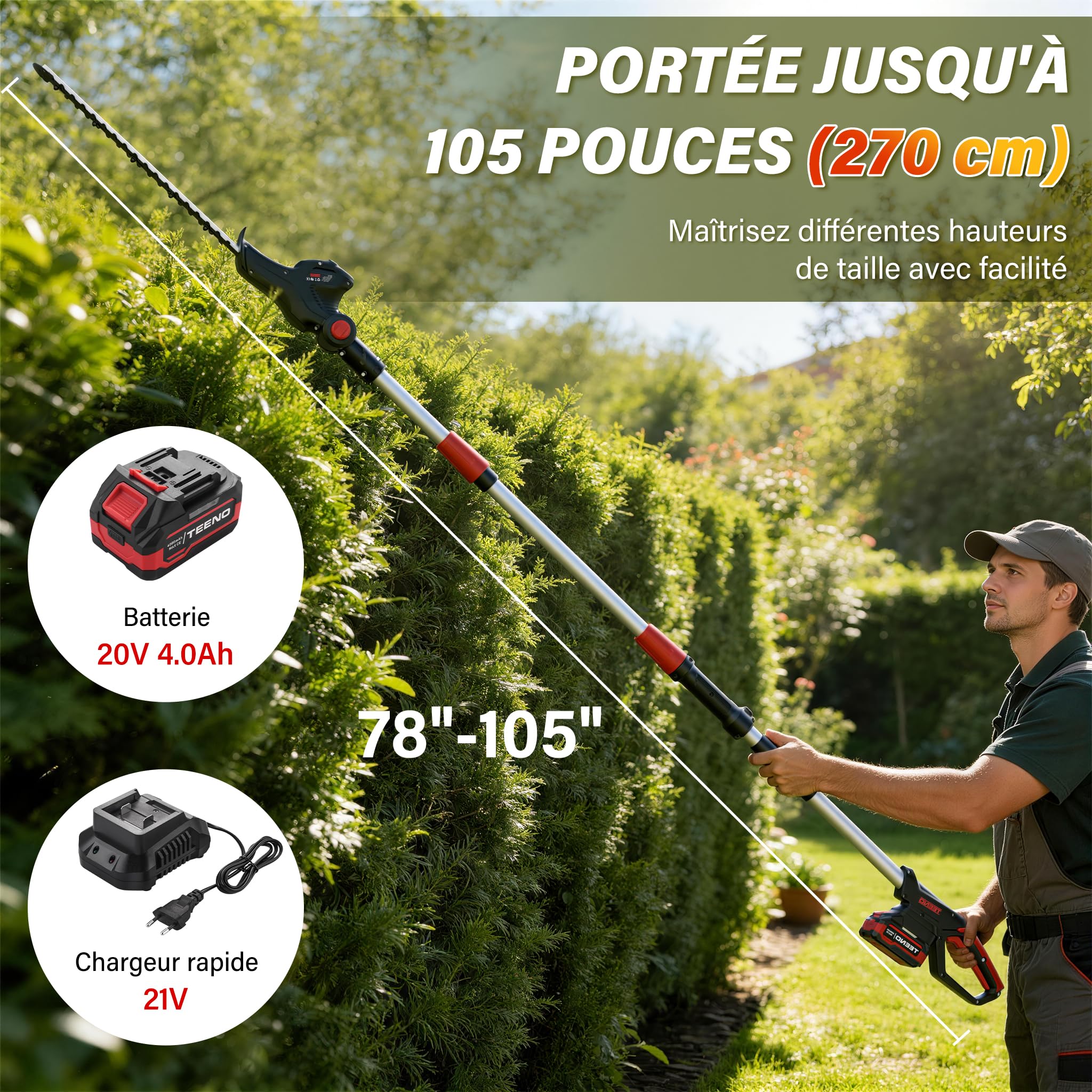 2-en-1 Élagueur sur Perche et Taille Haie Télescopique sans Fil, Batterie Li-ION 20 V 4000mAh,Poignée Principale Orientable,Tête Inclinable,Moteur sans balais de 42 cm, Bandoulière Incluse-TEENO
