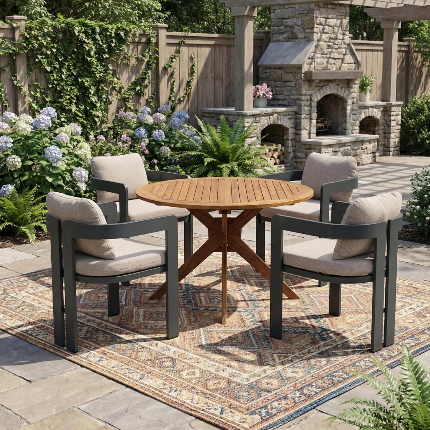 Christopher Knight Home Pula Acacia Wood Patio Dining Set for 4, Wood&Metal Outdoor Dining Table Set for 4, Round Dining Table and Chairs Set of 4 with Cushion, Teak+Grey+Black