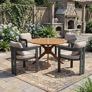 Wood Patio Dining Set for 4, Wood&Metal Outdoor Dining Table Set for 4, Round Dining Table and Chairs Set of 4 with Cushion, Teak+Grey+Black