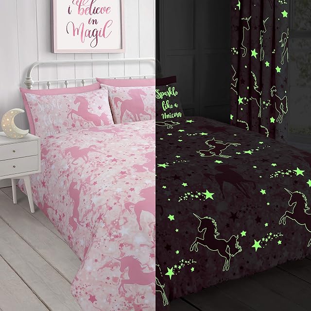 Velosso Unicorn Stars Magical Glow in the Dark Duvet Cover Bedding Set (Pink, Single)