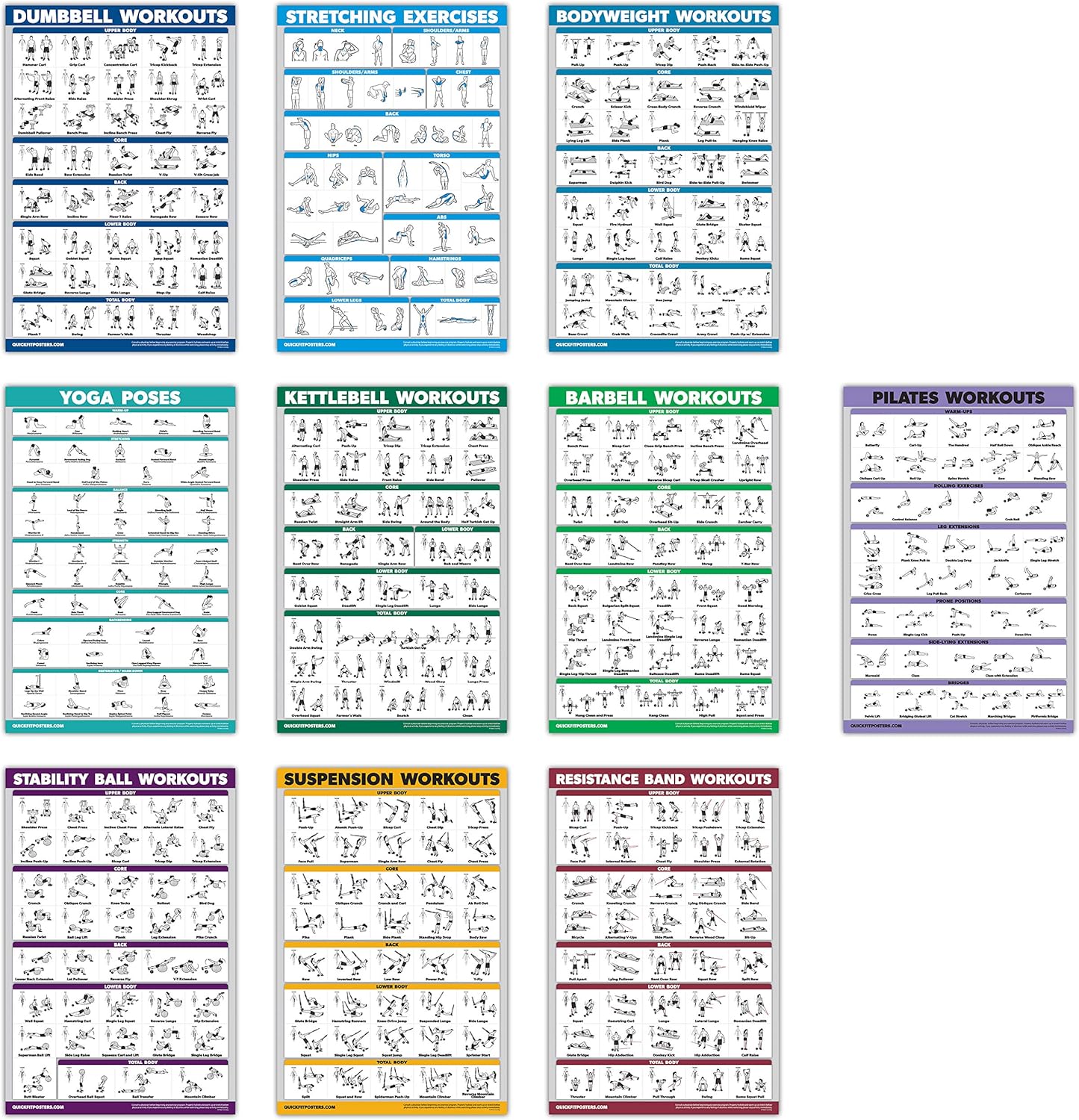 QuickFit 10 Pack - Exercise Workout Poster Set - Pilates, Dumbbell, Suspension, Kettlebell, Resistance Bands, Stretching, Bodyweight, Barbell, Yoga Poses, Exercise Ball (LAMINATED, 18" x 24")