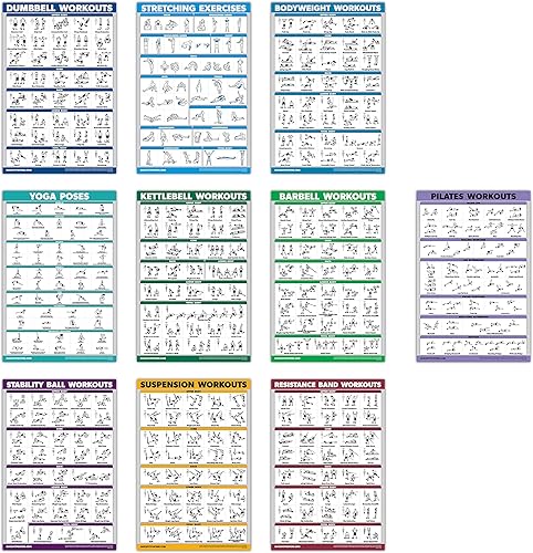 QuickFit - Paquete de 10 pósteres de entrenamiento de ejercicio, pilates, mancuernas, suspensión, pesas rusas, bandas de resistencia, estiramiento,