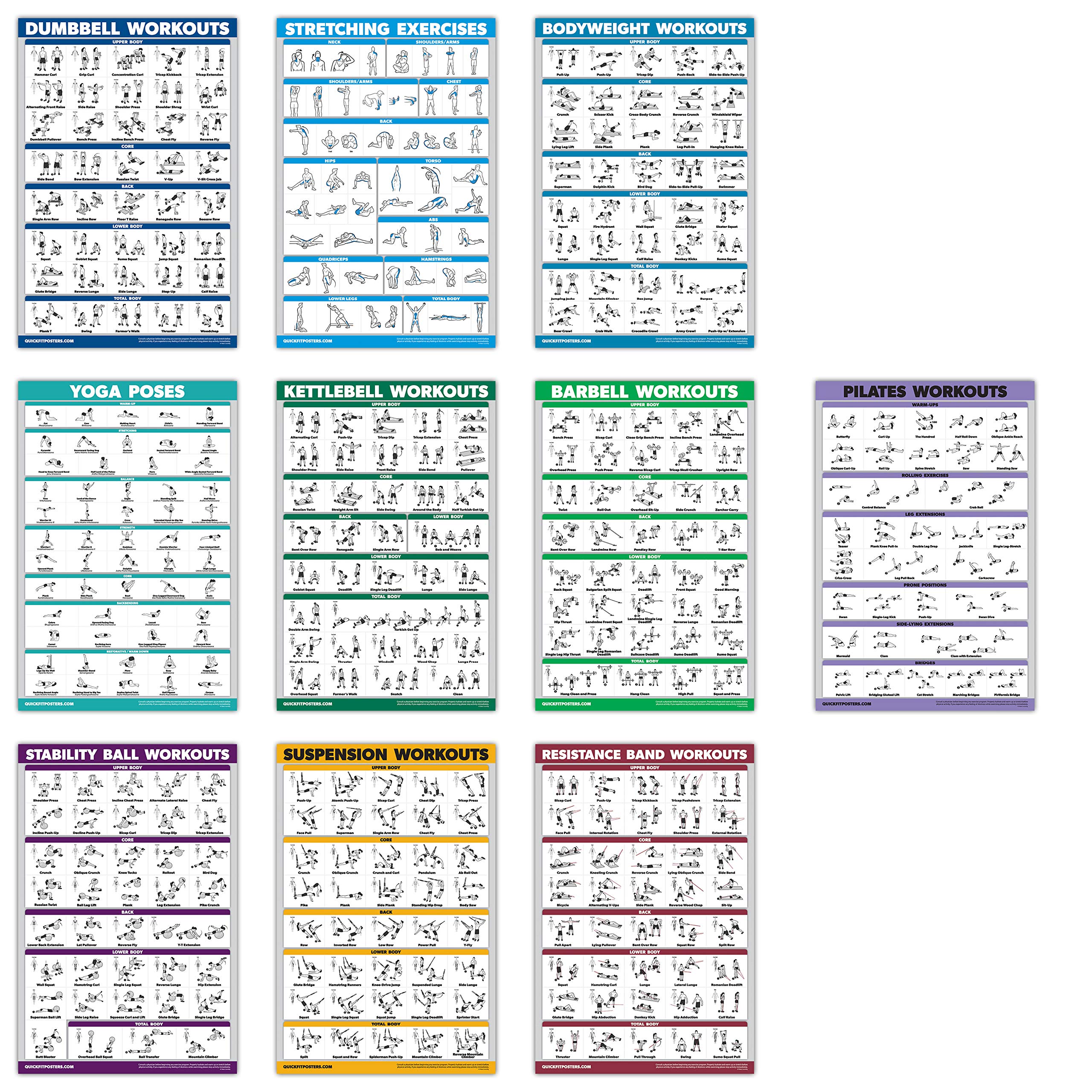QUICKFIT 10 Pack - Exercise Workout Poster Set - Pilates, Dumbbell, Suspension, Kettlebell, Resistance Bands, Stretching, Bodyweight, Barbell, Yoga Poses, Exercise Ball (Laminated, 18" x 27")