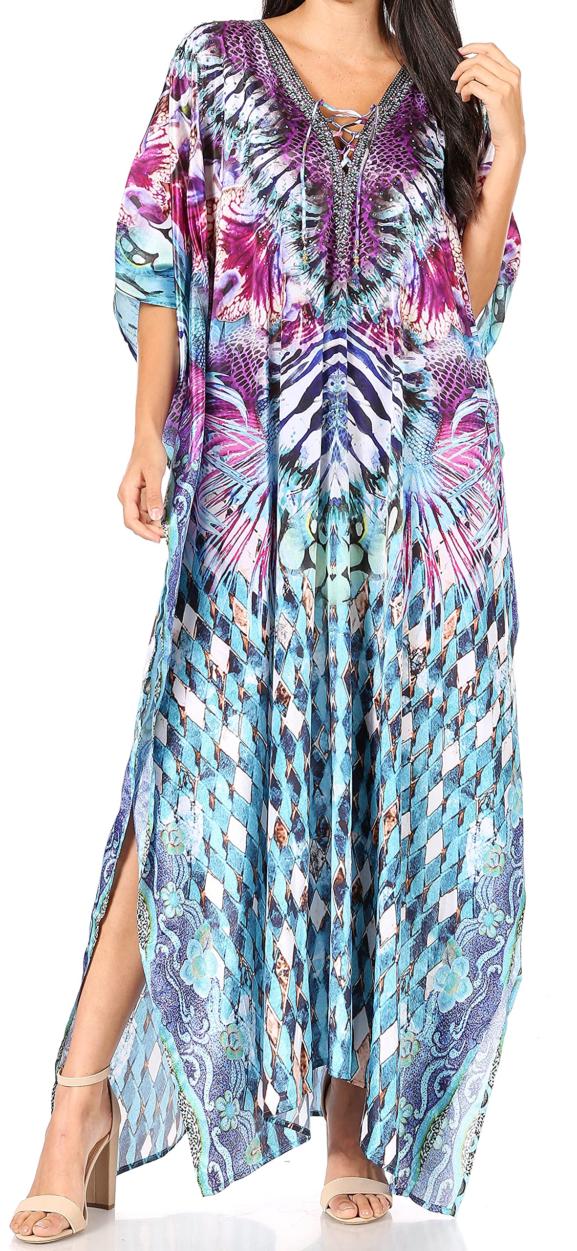 Sakkas Yeni Women's Short Sleeve V-Neck Summer Floral Long Caftan Dress Cover-up
