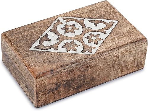 Ajuny Joyero de madera con tallas florales y de diamantes, hecho a mano, decorativo, marrón y blanco, caja de almacenamiento multiusos, organizador
