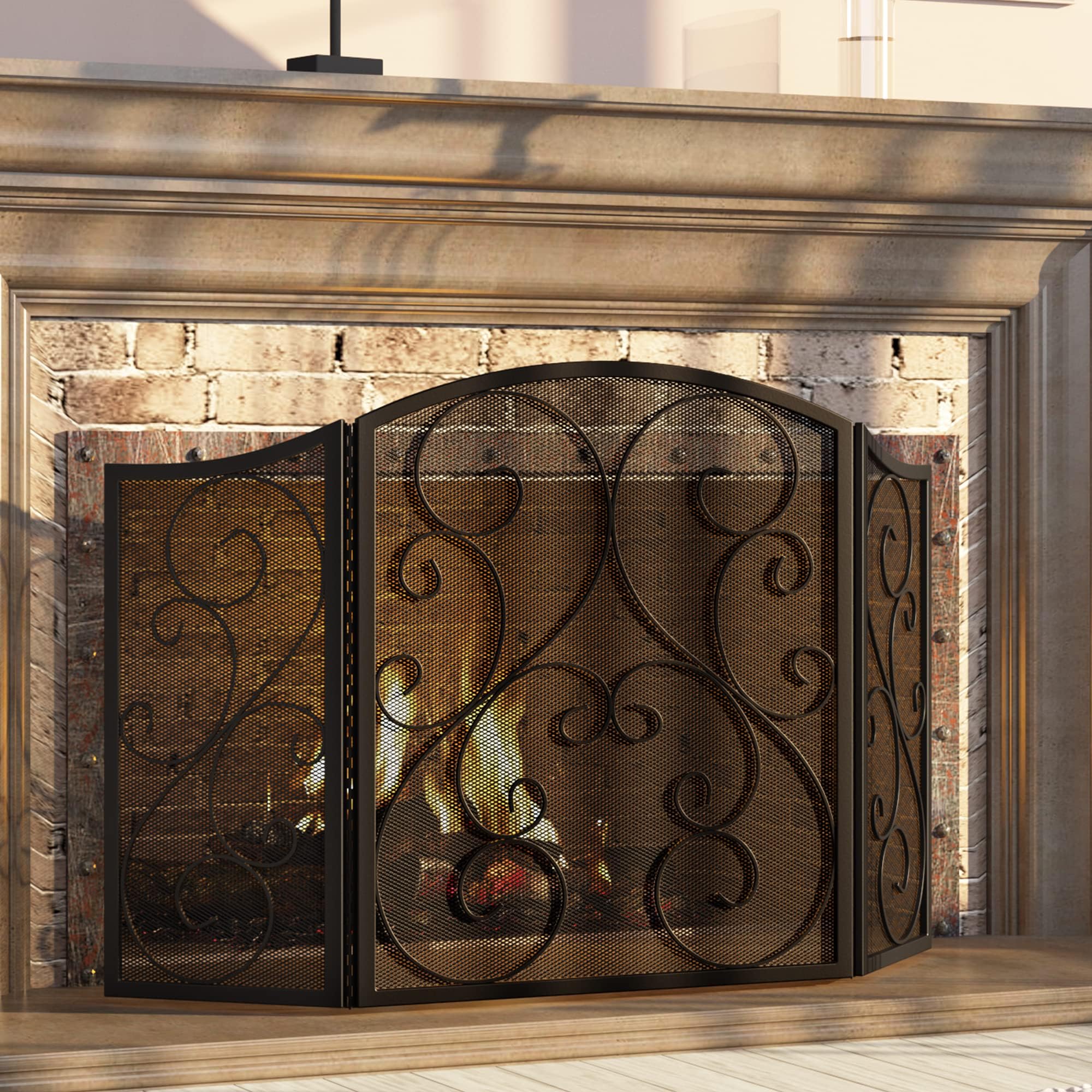Fireplace Screen 3 Panel Wrought Iron Metal 48"(L) x30(H) Spark Guard Cover(Sanded Black)