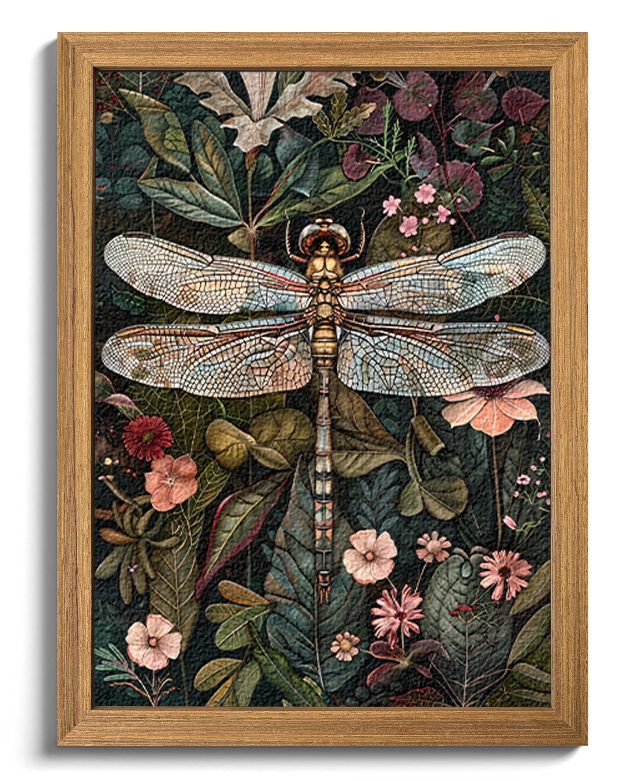 Framed Vintage 3D Textured Wall Art - Dark Green Dragonfly Flowers Wall Decor - Hand Drawn Sandstone Nature Botanical Pictures for Living Room Bedroom Home Decor 24x36in