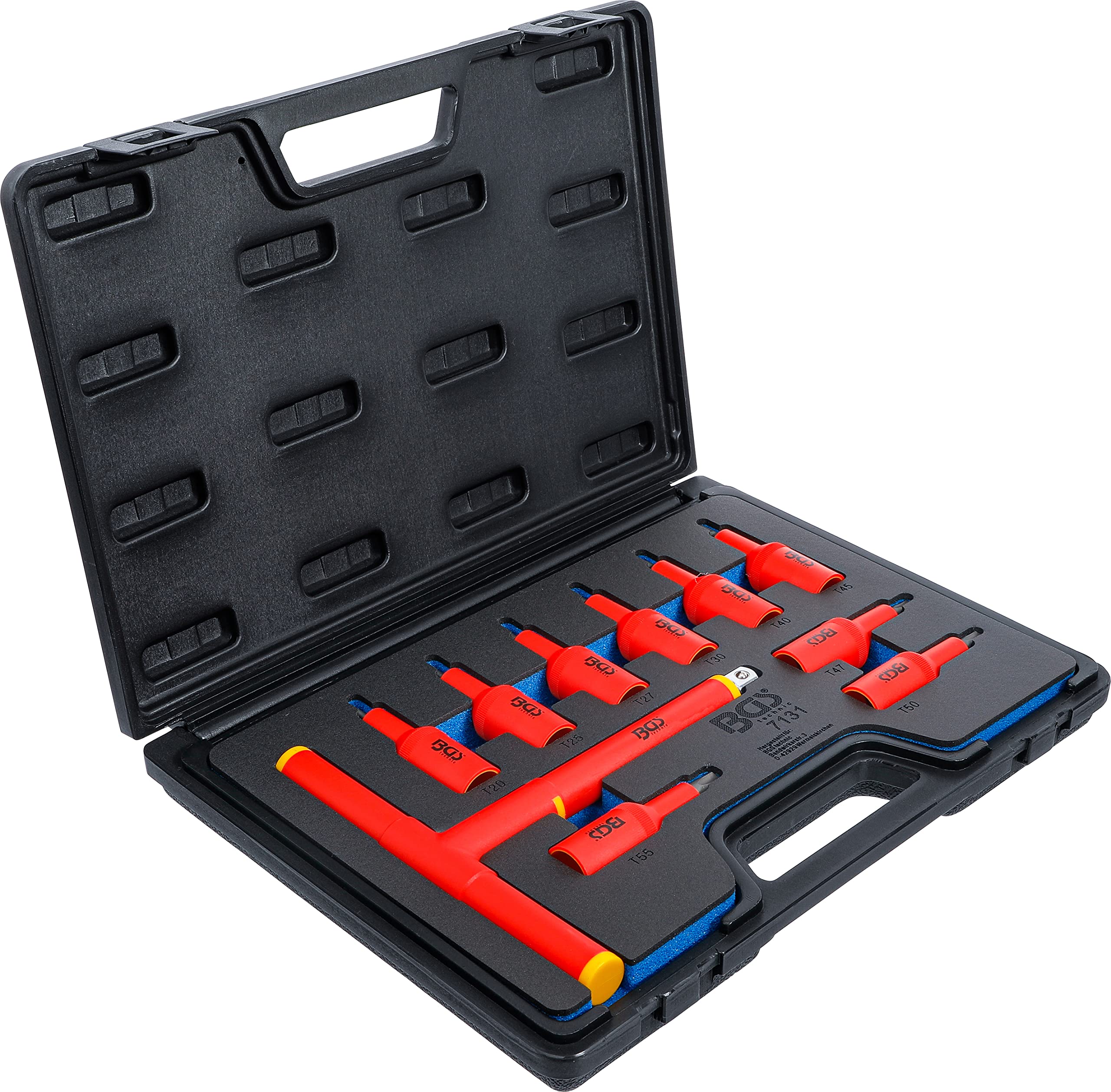 BGS 7131 | Juego de puntas de vaso VDE | entrada 12,5 mm (1/2") | perfil en T (para Torx) T20 - T55 | 10 piezas | Accionamiento cuadrado interior 12,5 mm (1/2") | aislado hasta 1000 V | acero cromo vanadio | mango en T de 205 mm
