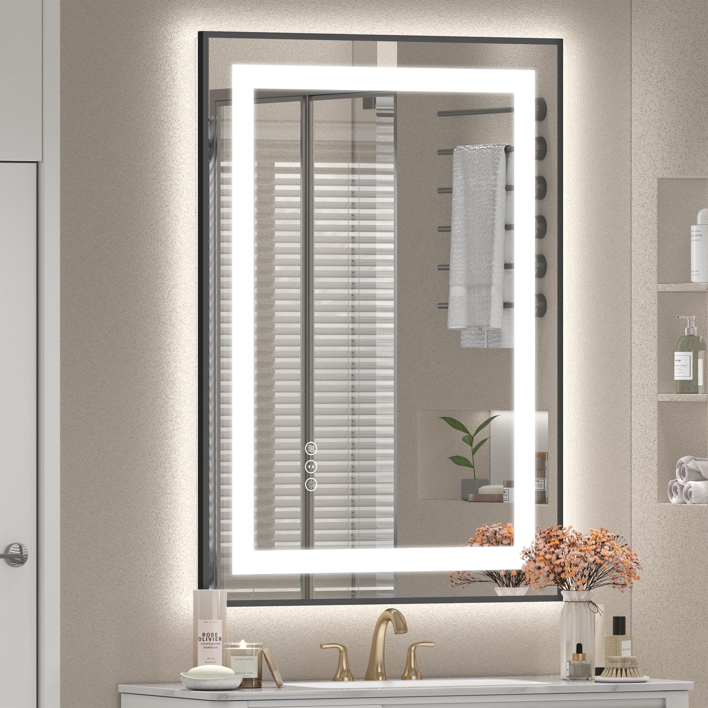 20x28 LED Bathroom Mirror for Wall, Framed Dimmable Vanity Mirror for Wall, Backlit and Front Lighted, Shatterproof, Anti-Fog, Memory(Horizontal/Vertical)