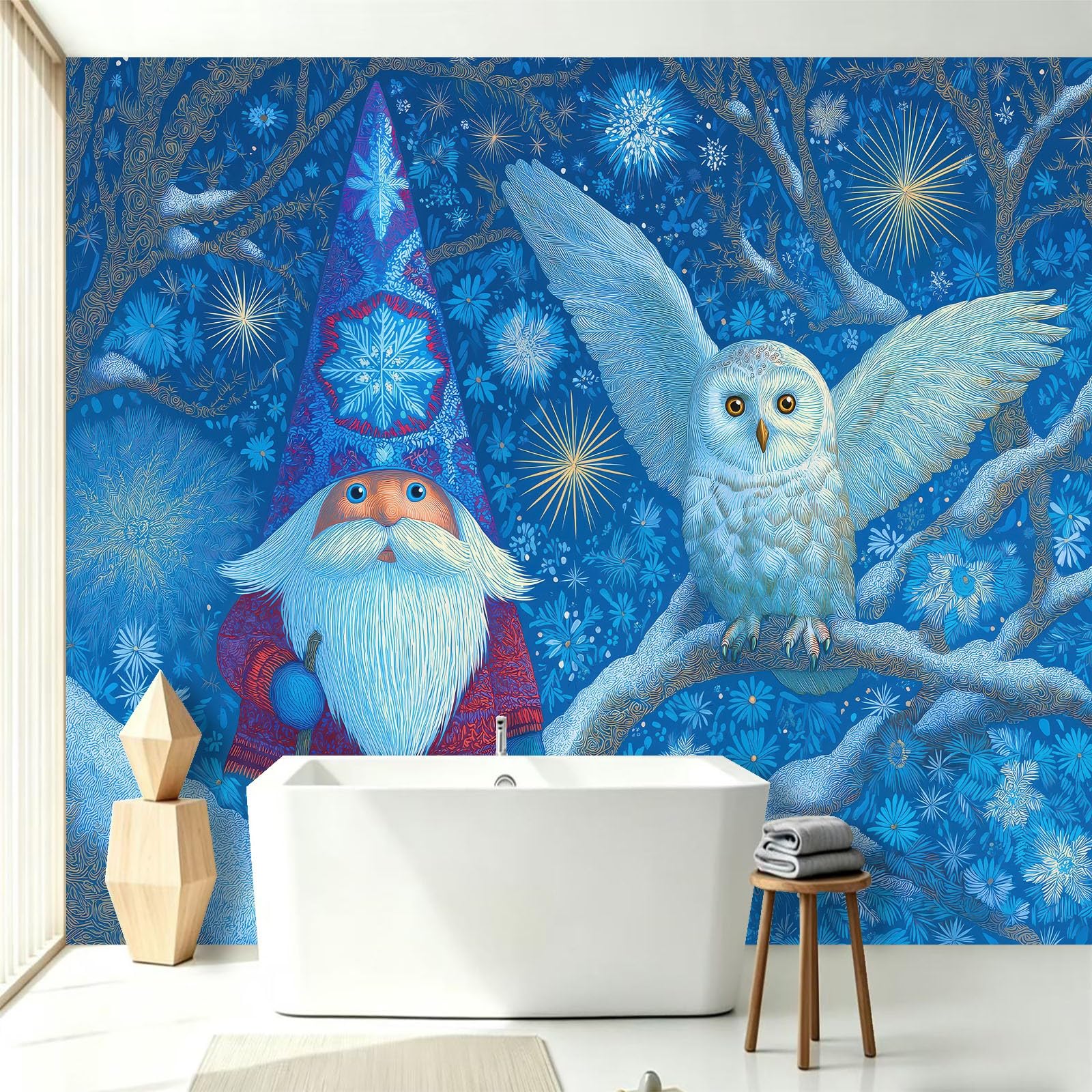 Générique Tapeta z włókniny - Sowa Harfang gnomy płatki 250 x 175 cm Fantazyjne Boże Narodzenie 3D Panoramiczna ściana XXL - Fototapeta - Dekoracja ścienna do salonu, sypialni