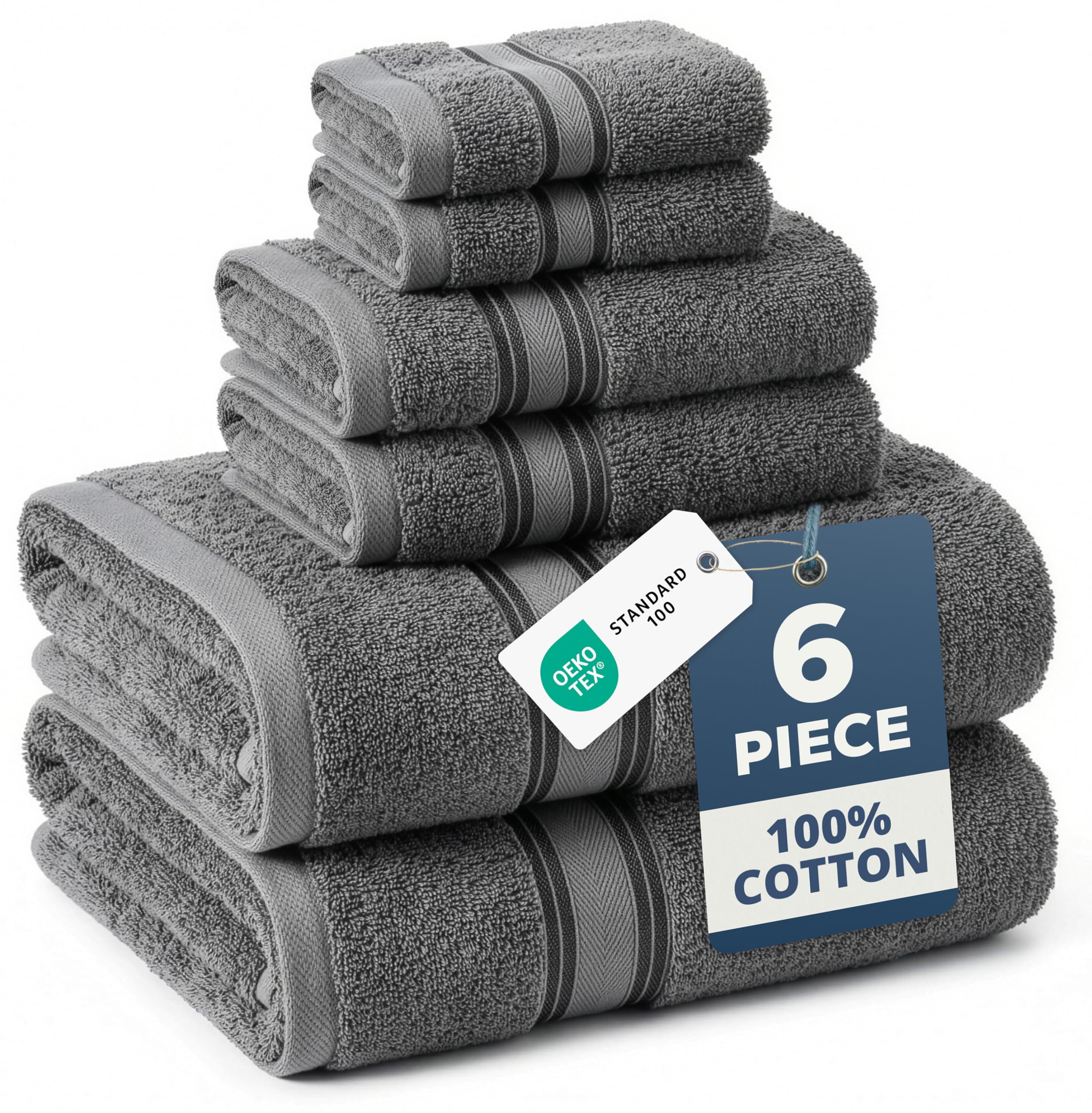 Luxury Bath Towels Set - 6 Piece 100% Cotton Bathroom Quick Dry Shower Extra Aborbent Towel Super Soft 2 Hand Wash Cloths Space Grey