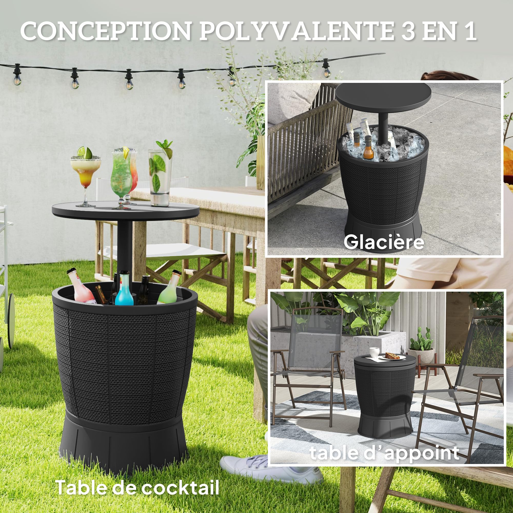 Outsunny Table à glacière 3 en 1, Table de Cocktail avec Seau à Glace, Plateau télescopique, pour bière, vin, Cocktails, Jardin, Ø 49 x 58-84 cm, Noir