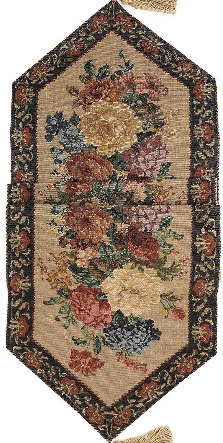 DaDa Bedding Elegant Colorful Mediterranean Dining Table Runner - Vintage Breath of Spring Botanical Floral Blossom Garden - Tan Brown Red Bordered Woven Kitchen Dinner Mat - 13" x 67"