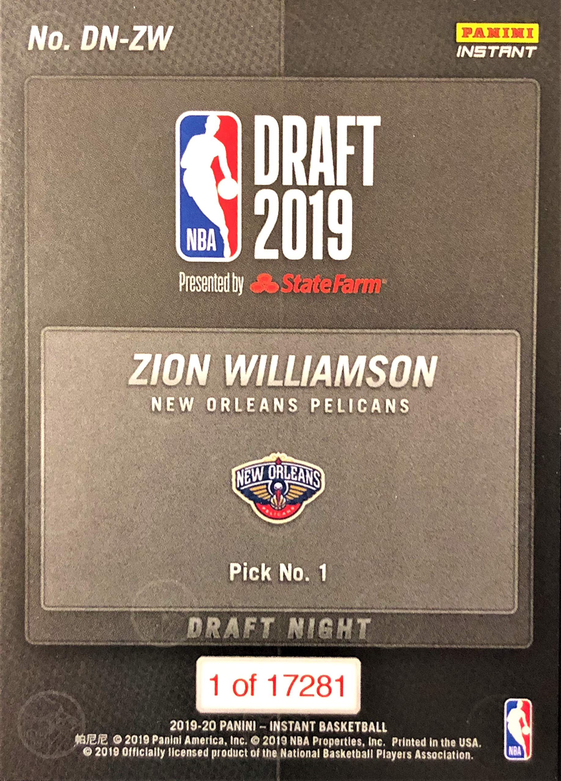 Amazon.com: 2019-20 Panini Instant Draft Night ZION WILLIAMSON