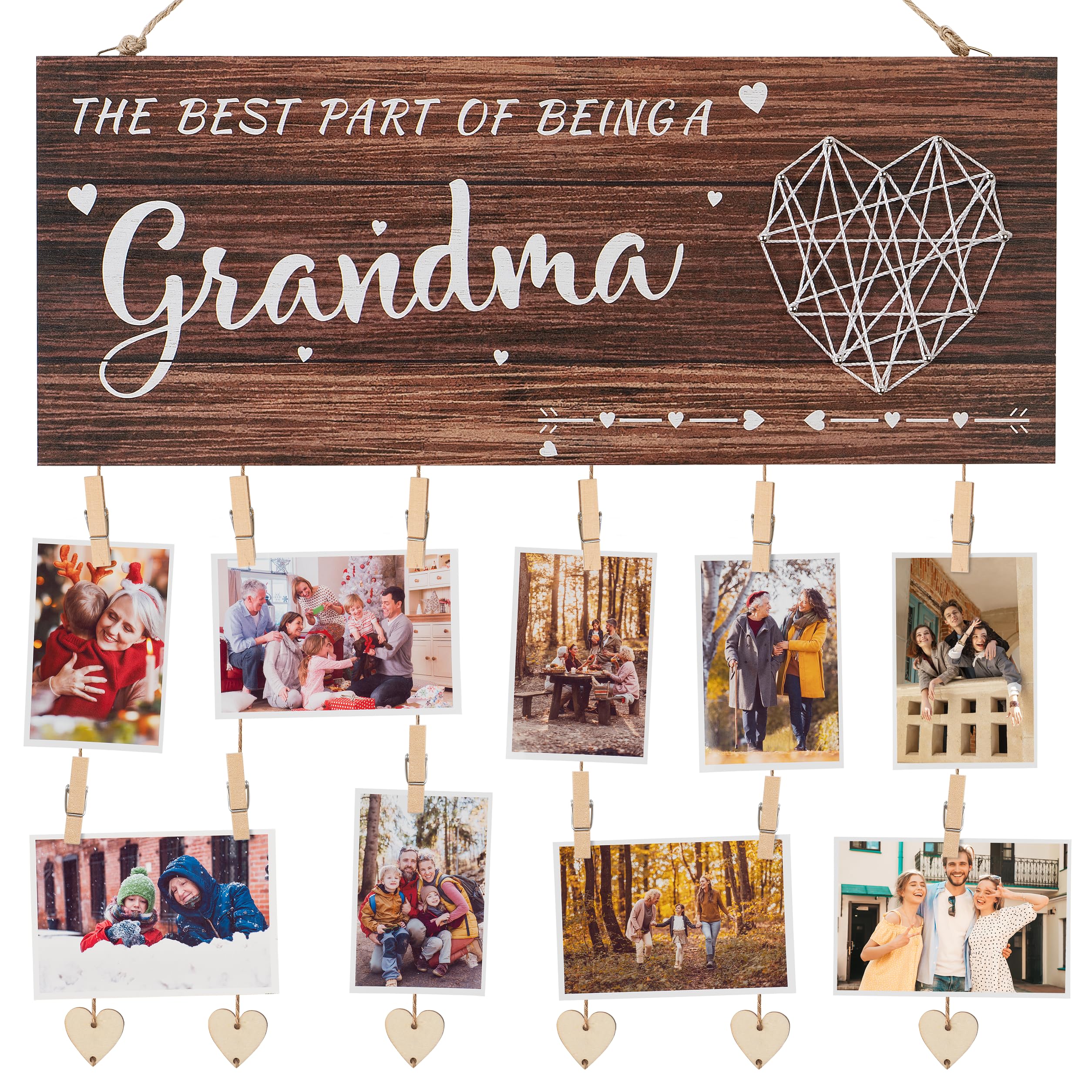 Grandma brag board Grandma Gifts Nana Photo Holder, Mothers Day Gifts for Grandma from Granddaughter and Grandson, Grandkids Photo Frame Nana Gigi Grandmother Present Hanging Photo Frame with clips and Twine(Brown)