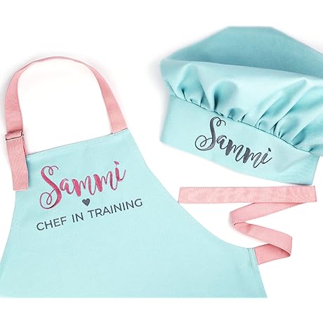 Personalized Baking Apron and Chef Hat Set for Girls Age 5-10 (Mint)