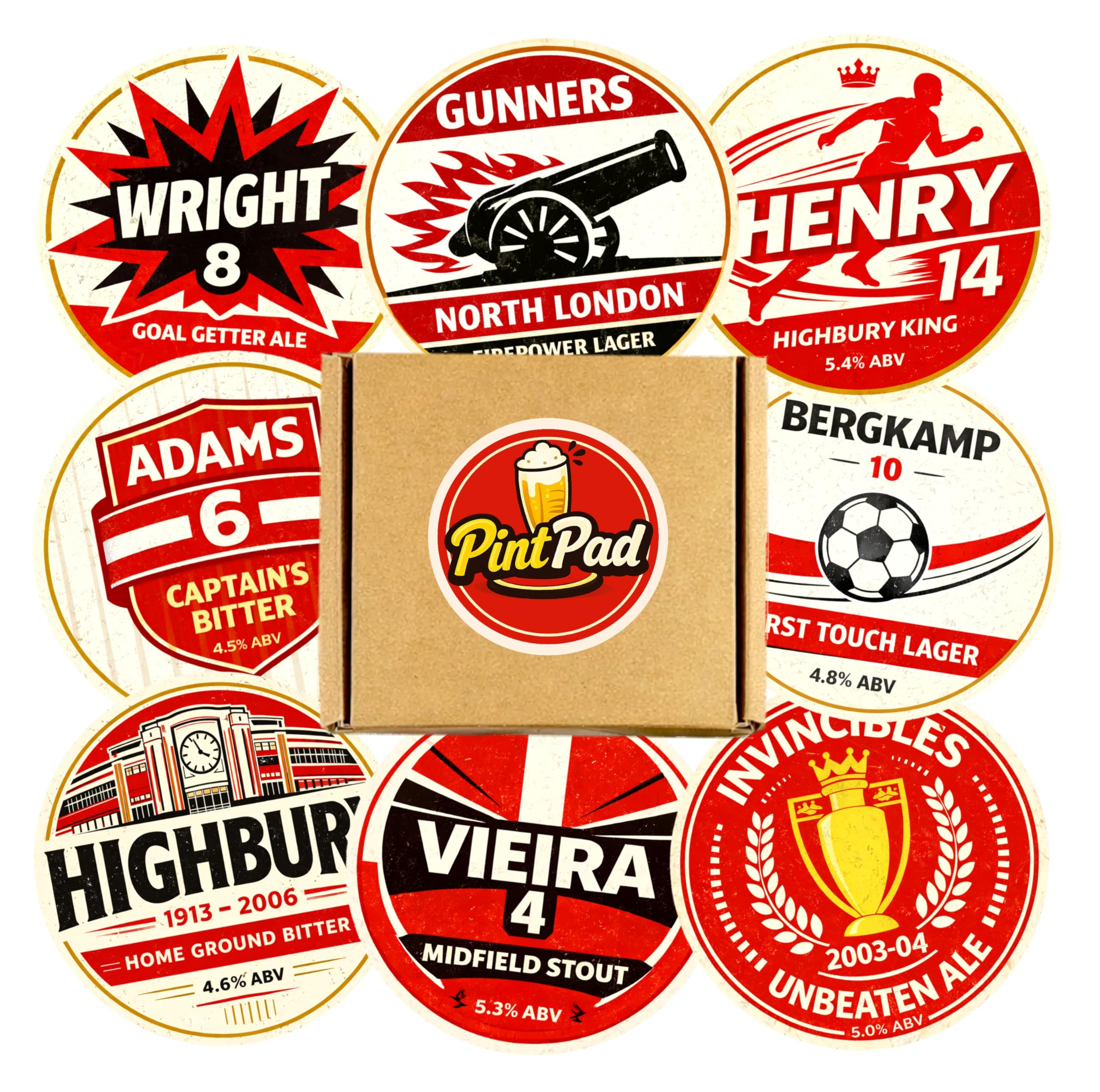 Arsenal Themed Beer Mats – Pack of 8 Pub Style 95mm Coasters – Arsenal Fan Gift for Man Cave, Home Bar & Games Room – Novelty Pub Football Coaster Set