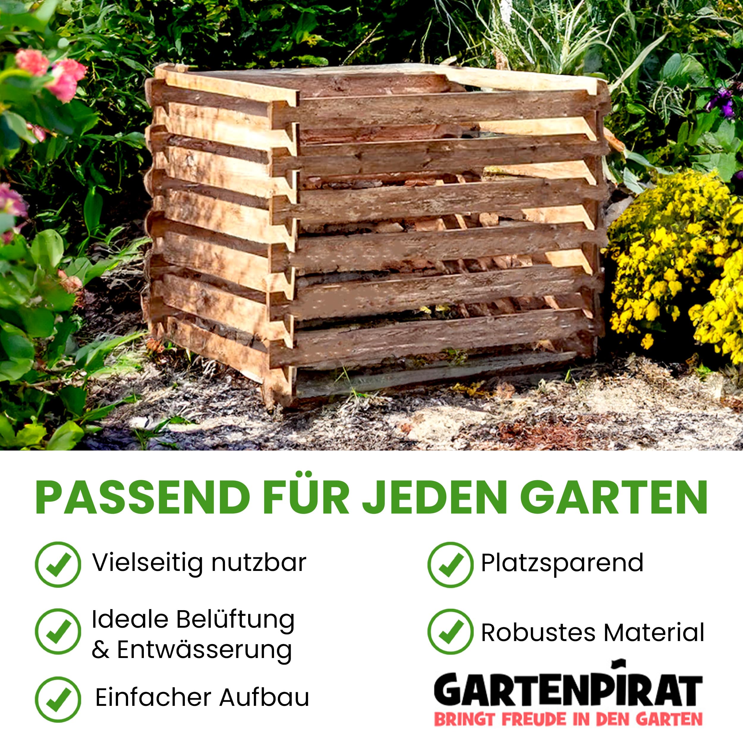 Gartenpirat Komposter Garten aus Holz – Mit Stecksystem für einfachen Aufbau – Witterungsbeständig & umweltfreundlich – 380 Liter – 90 x 90 x 70 cm