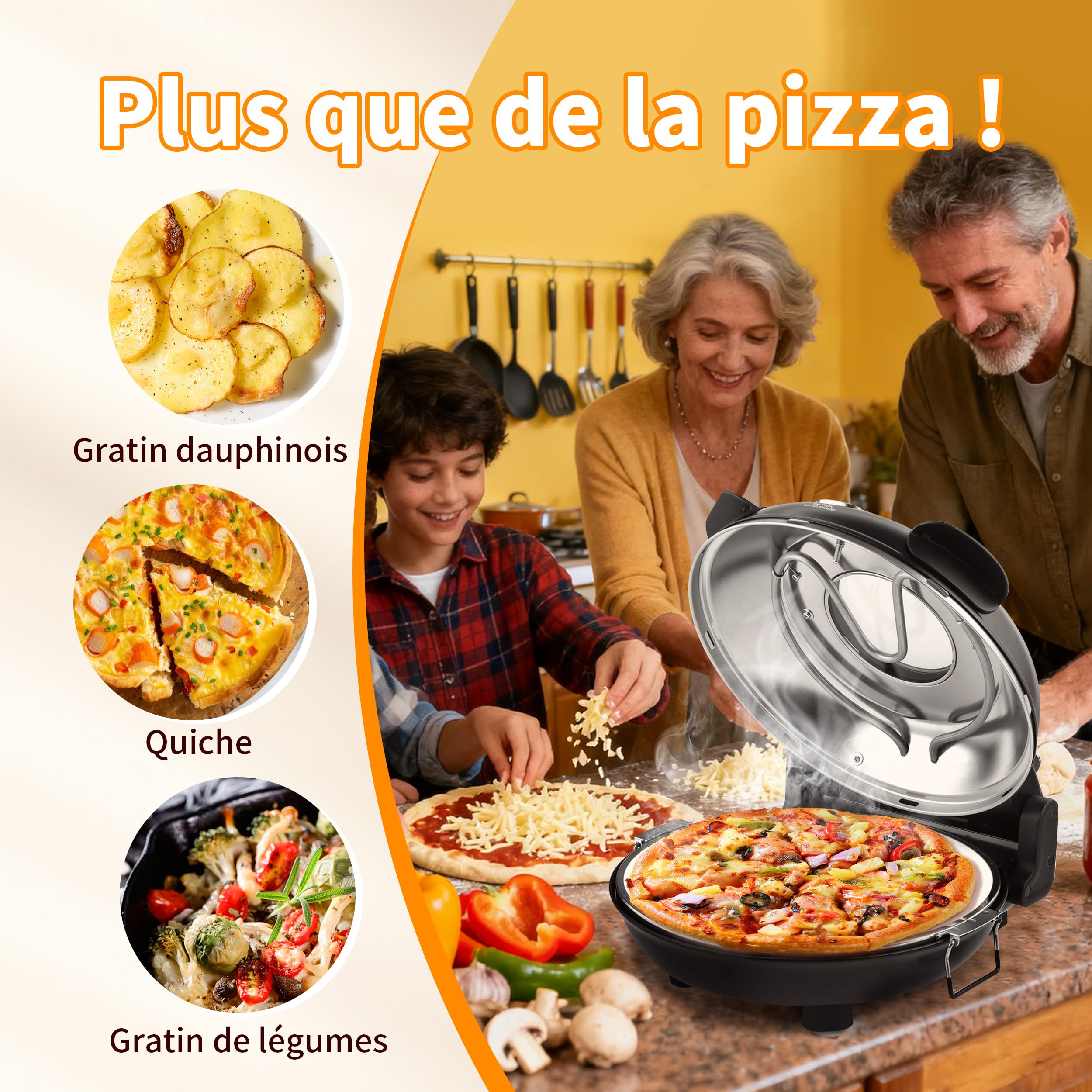 Four à Pizza Électrique, Cuit une Pizza en 4 minutes, Plaque en Pierre Réfractaire de 31cm, Max 420°C Four a Pizza, 1200W, Pelle à Pizza, Grattoir et Recettes inclus, Noir