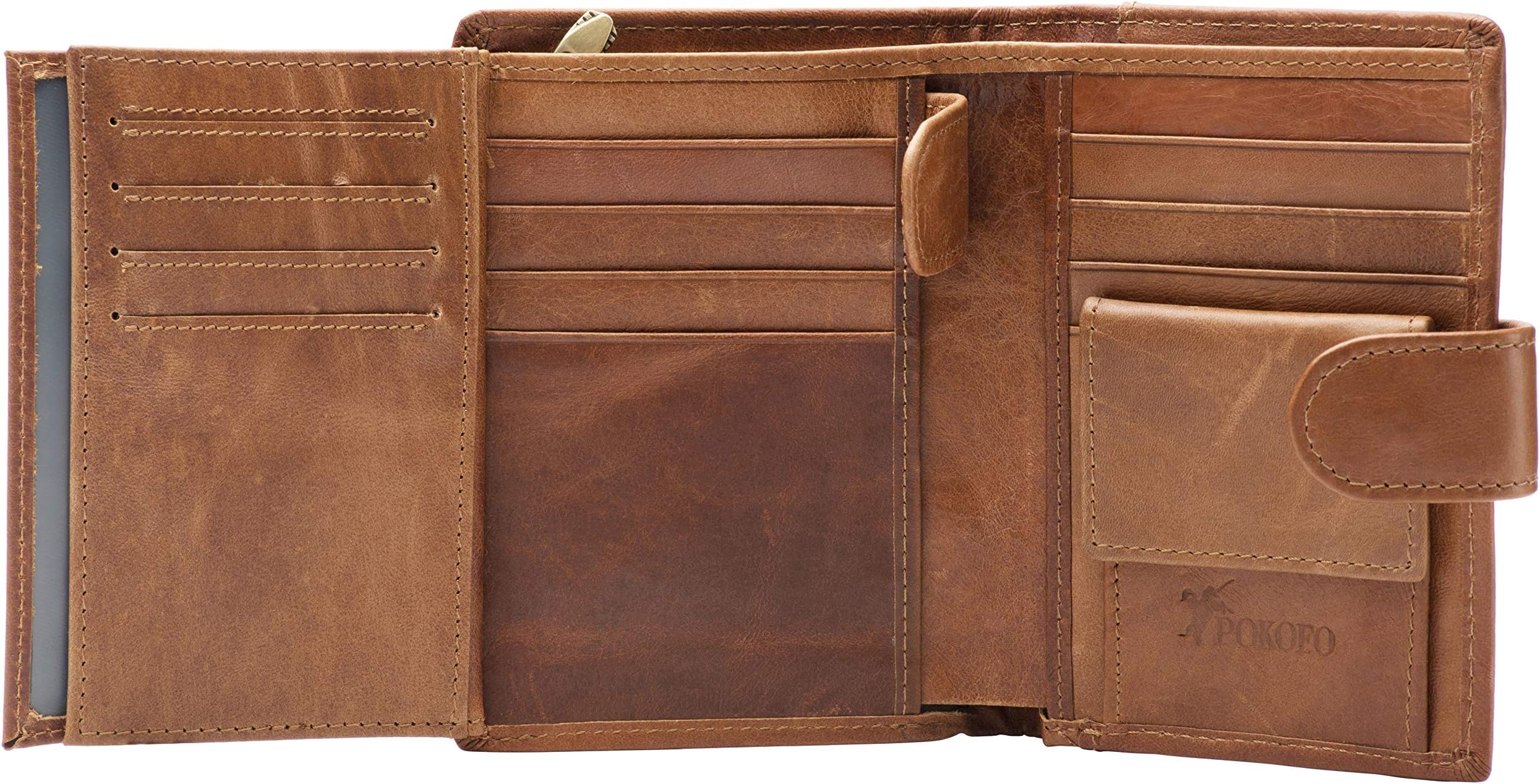 Large RFID Genuine Leather Card Holder Trifold Wallet Snap Closure 3 ID Windows for men (Brown)