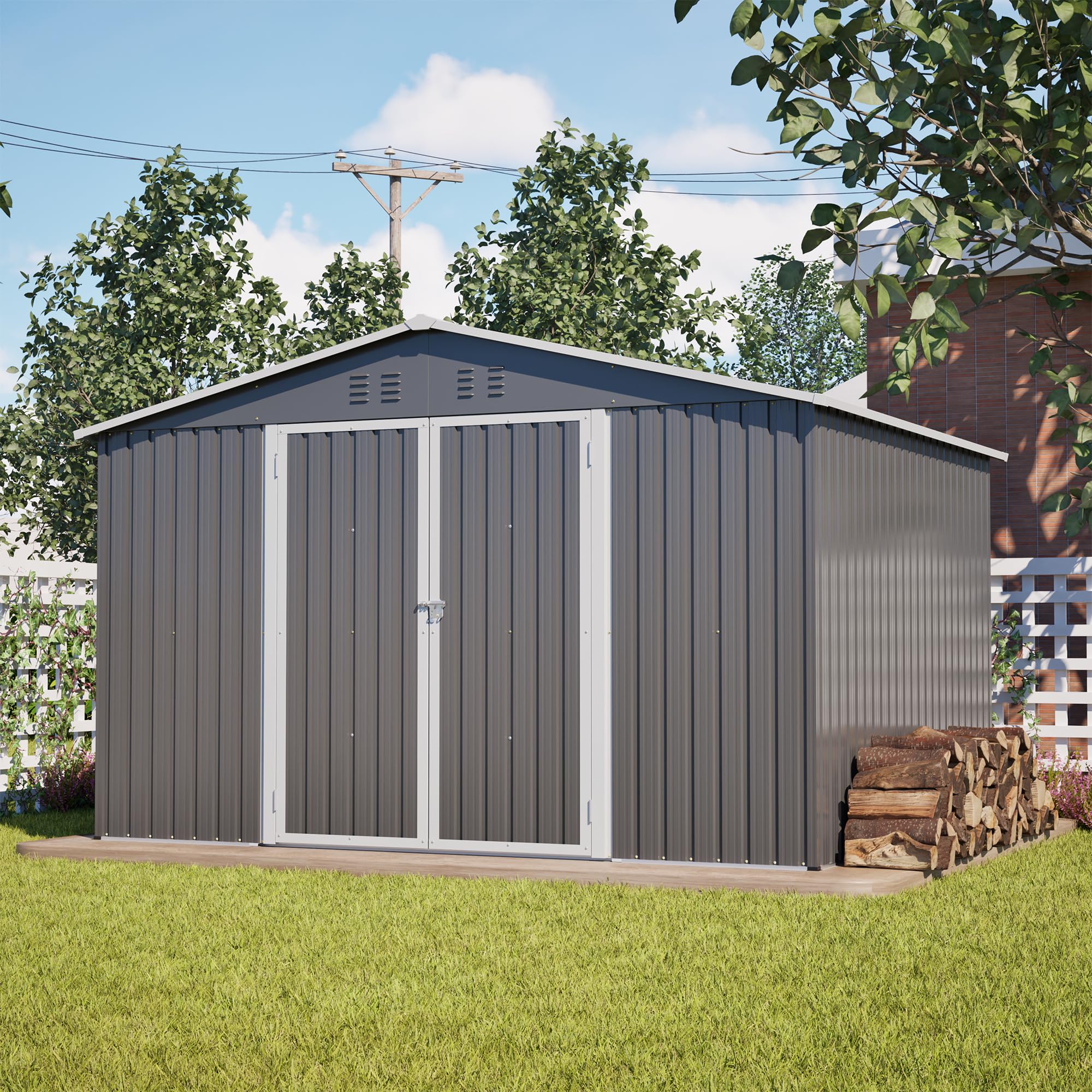 Cobertizo de Jardín Exterior, Cobertizo de Almacenamiento (XXXL) | Para Herramientas Terraza Patio, Metálico Caseta de Jardín, Con Puerta y Ventilación, Con Techo, 289x239x191 cm, Gris