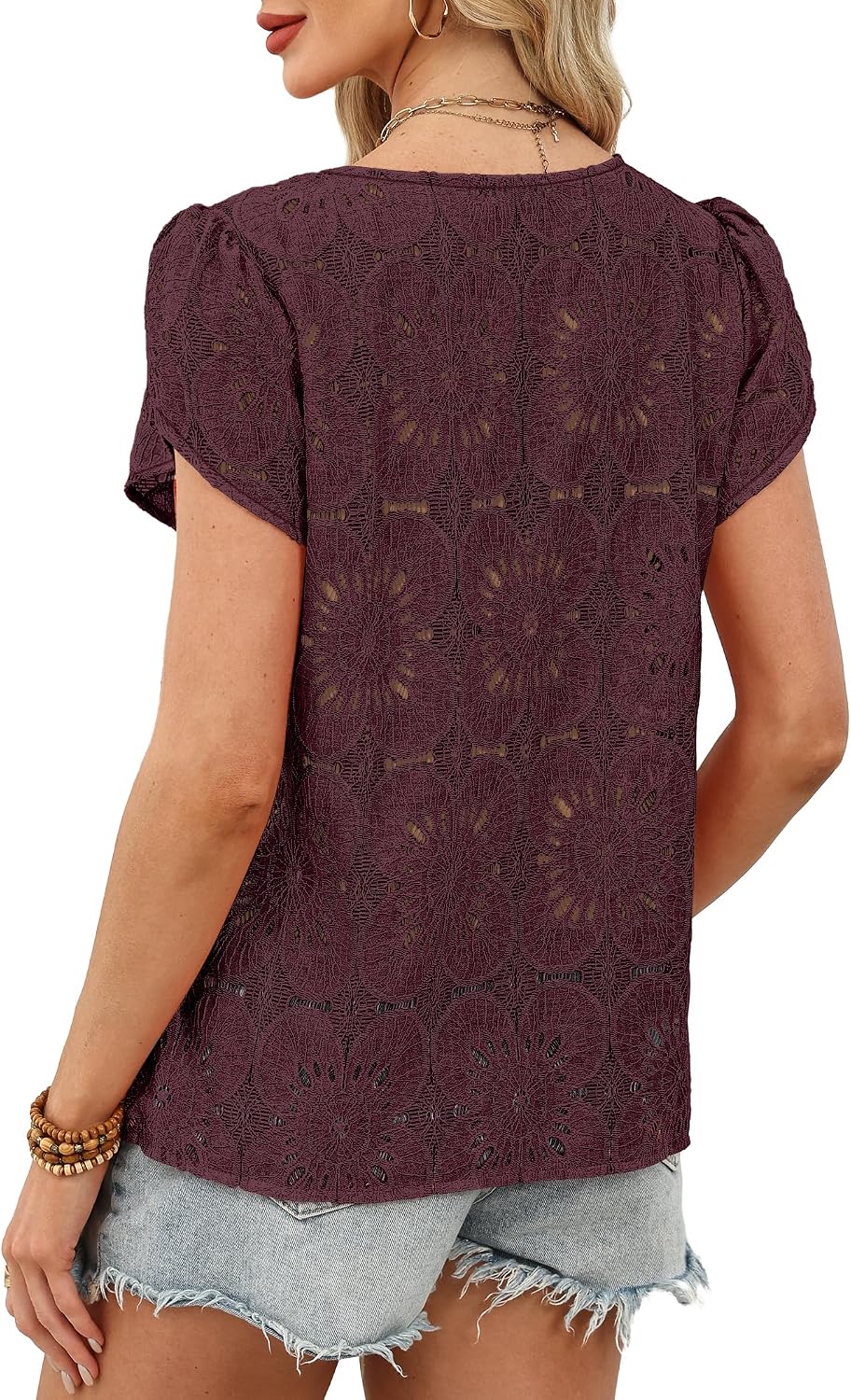 OFEEFAN Blouses for Women Dressy Casual Petal Short Sleeve Shirts Crochet Lace Boho Tops Spring Fashion Summer Outfits thumbnail