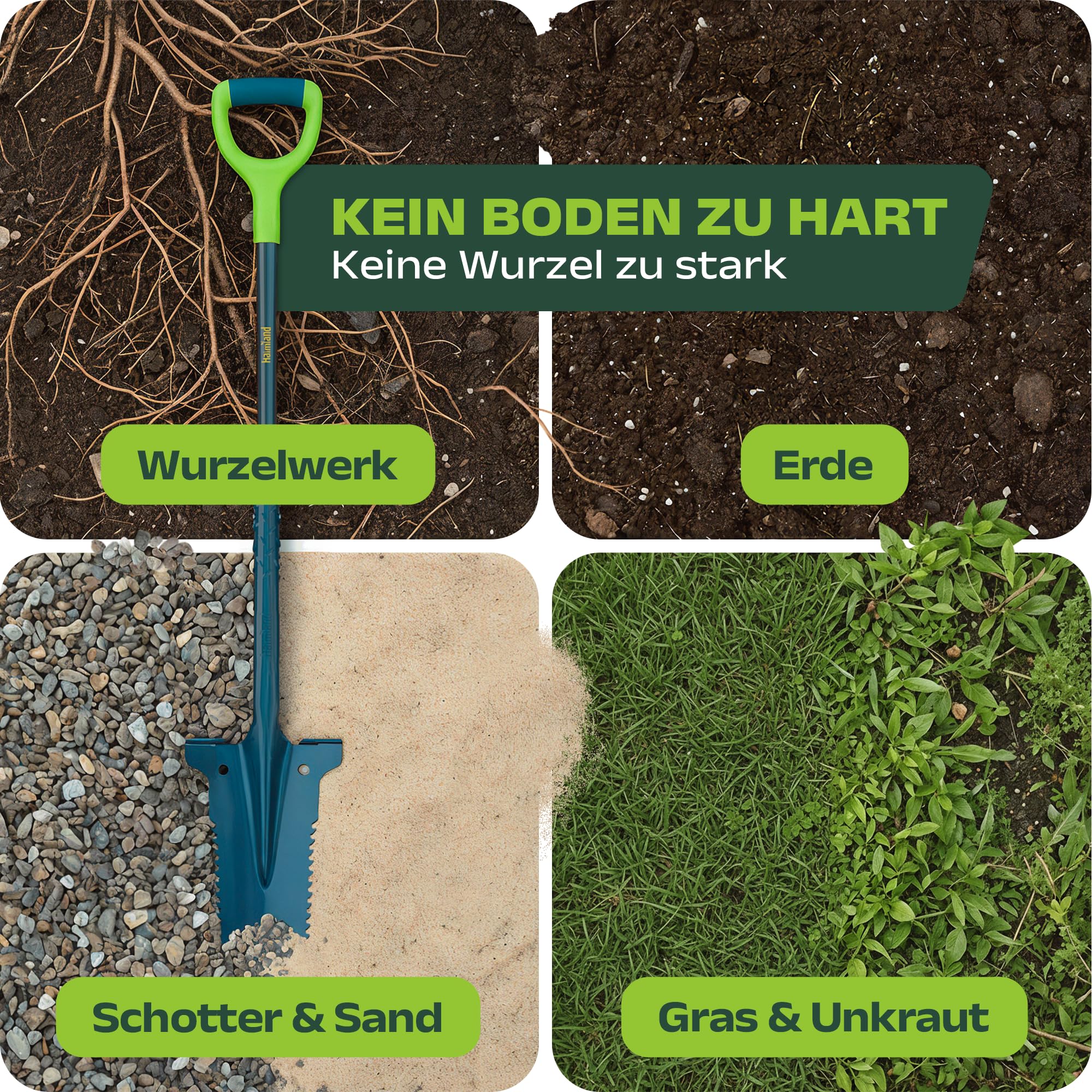 halmland® Profi Wurzelspaten mit Spezialspitze auch für Harte Böden - durchtrennt Wurzeln | Spaten mit Wurzelsäge | robuster Spaten Garten aus Carbonstahl & Fiberglas | Schaufel für Gartenarbeit