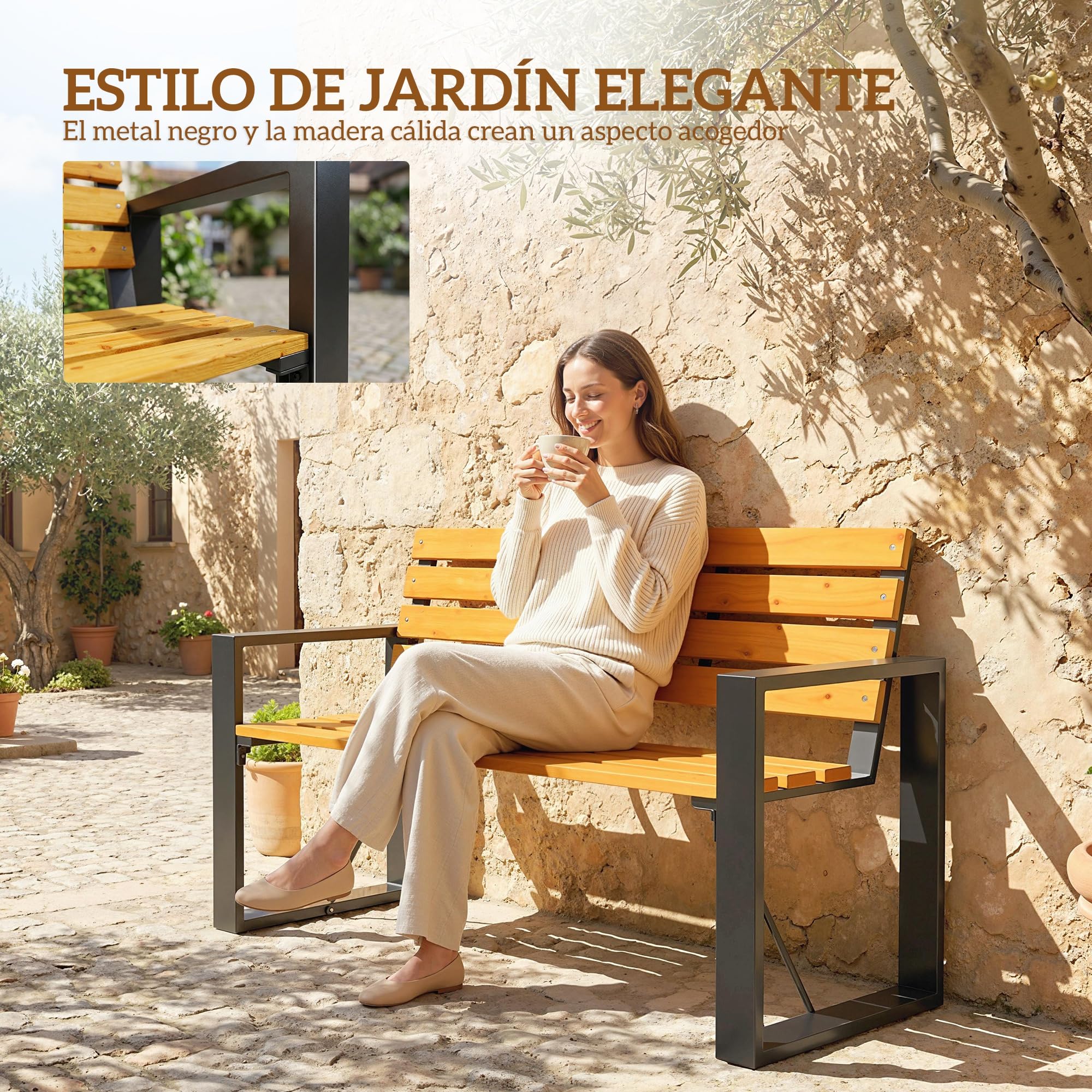 Outsunny Banco de Jardín Exterior de 2 Plazas, Banco Exterior con Respaldo y Asiento Listonado de Madera, Reposabrazos y Marco de Acero, para Patio, Terraza, 136x54x82 cm, Natural
